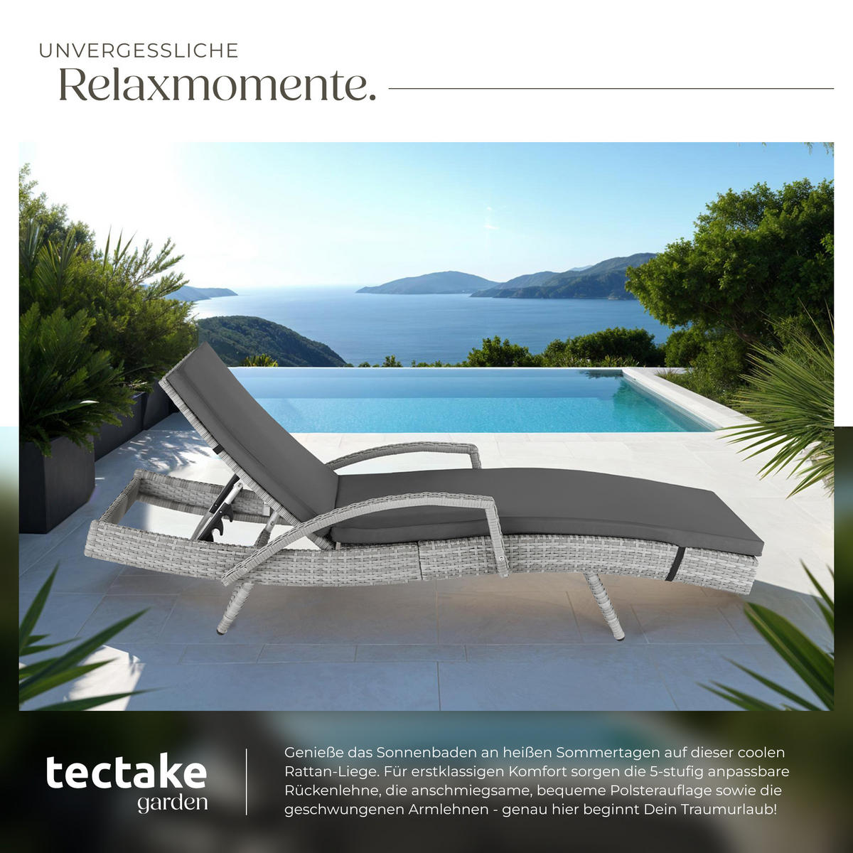 RATTAN-SONNENLIEGE Océane,190 x 71 x 34 – 74,5 cm,hellgrau - Hellgrau, Kunststoff (71/74.5/190cm) - tectake