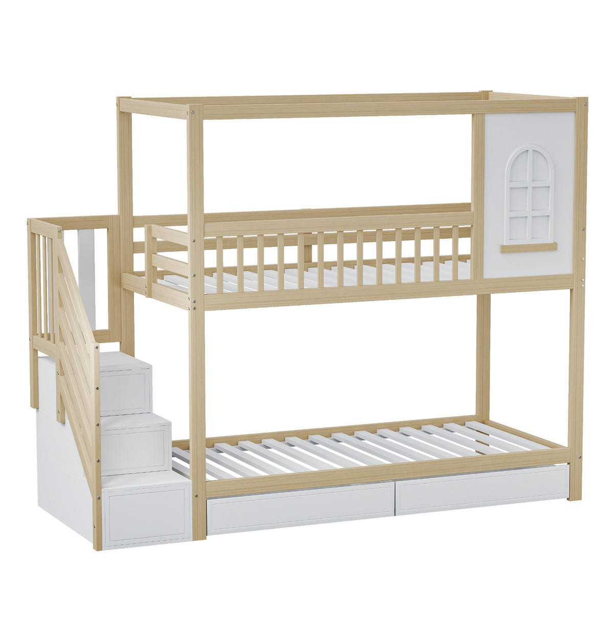 ETAGENBETT 90/200 cm aus Massivholz in Hausform mit Stauraum und Leiter - Naturfarben, Holz (90/200cm) - OKMYHOME