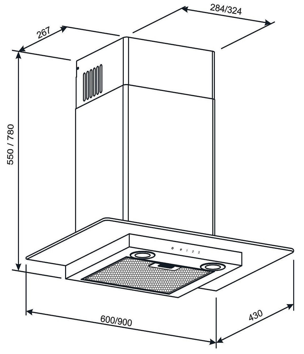 DUNSTABZUGSHAUBE GCH T 466 IS 90 BL PRIME + Umluftset, 90 cm Edelstahl Glas - Silberfarben, Glas/Metall (90/78/43cm) - Gurari