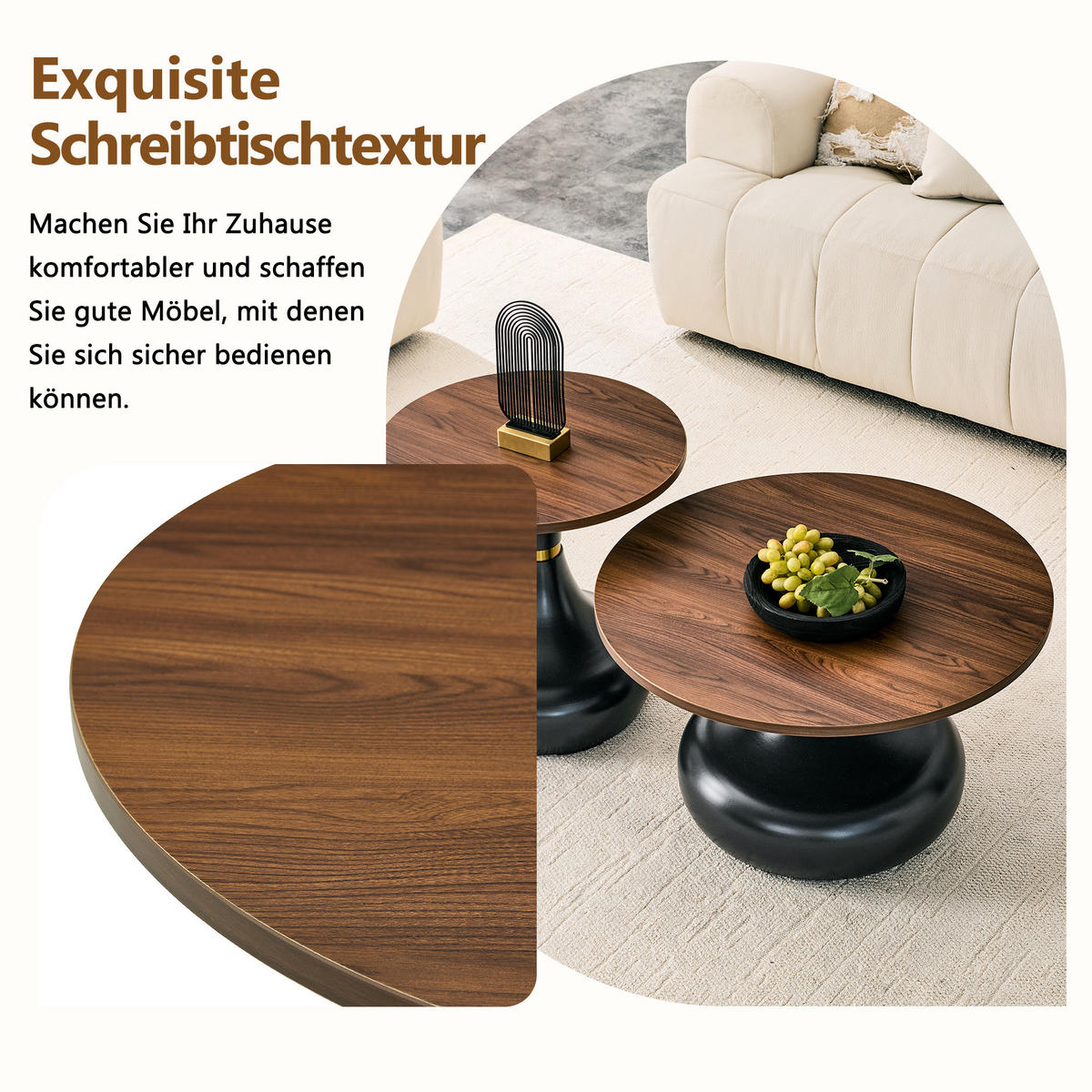 COUCHTISCH 2-tlg Rund Ø70cm/Ø50cm Sanduhrform Walnuss-Holzoptik Metallgestell - Schwarz, Metall (50/52/37cm) - Raelunyi