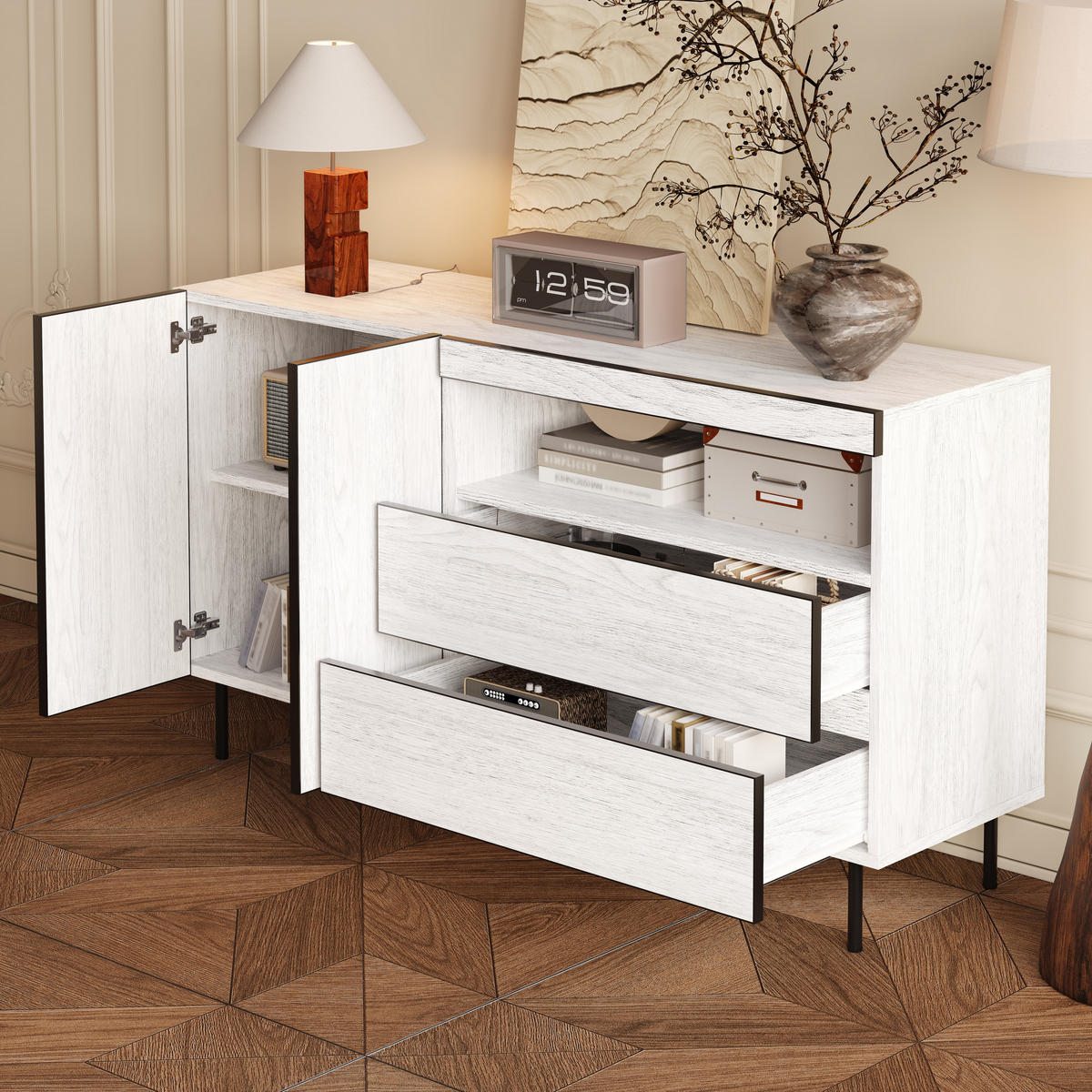 SIDEBOARD Weiß gekälkte Holzoptik, mit 1 Tür, 3 Schubladen und offenen Fächern, 140/42/77 cm - Weiß, Holzwerkstoff (140/77/42cm) - WISHDOR