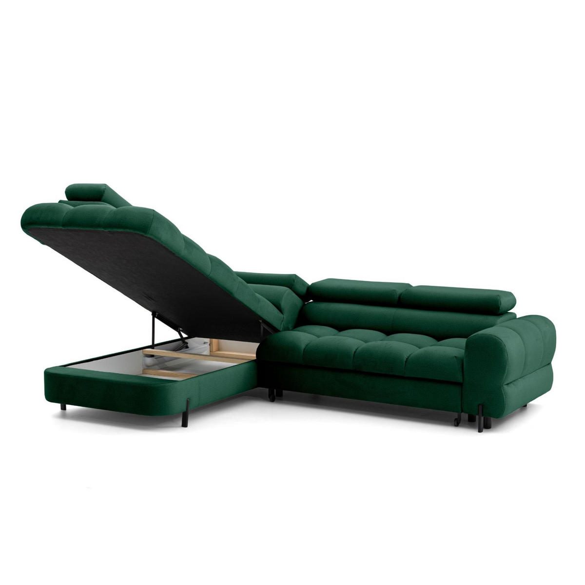ECKSOFA BOWL L Links mit Schlaffunktion 125x195 Velours Grün - Schwarz/Grün, Holz/Textil (260/195cm) - Muffo