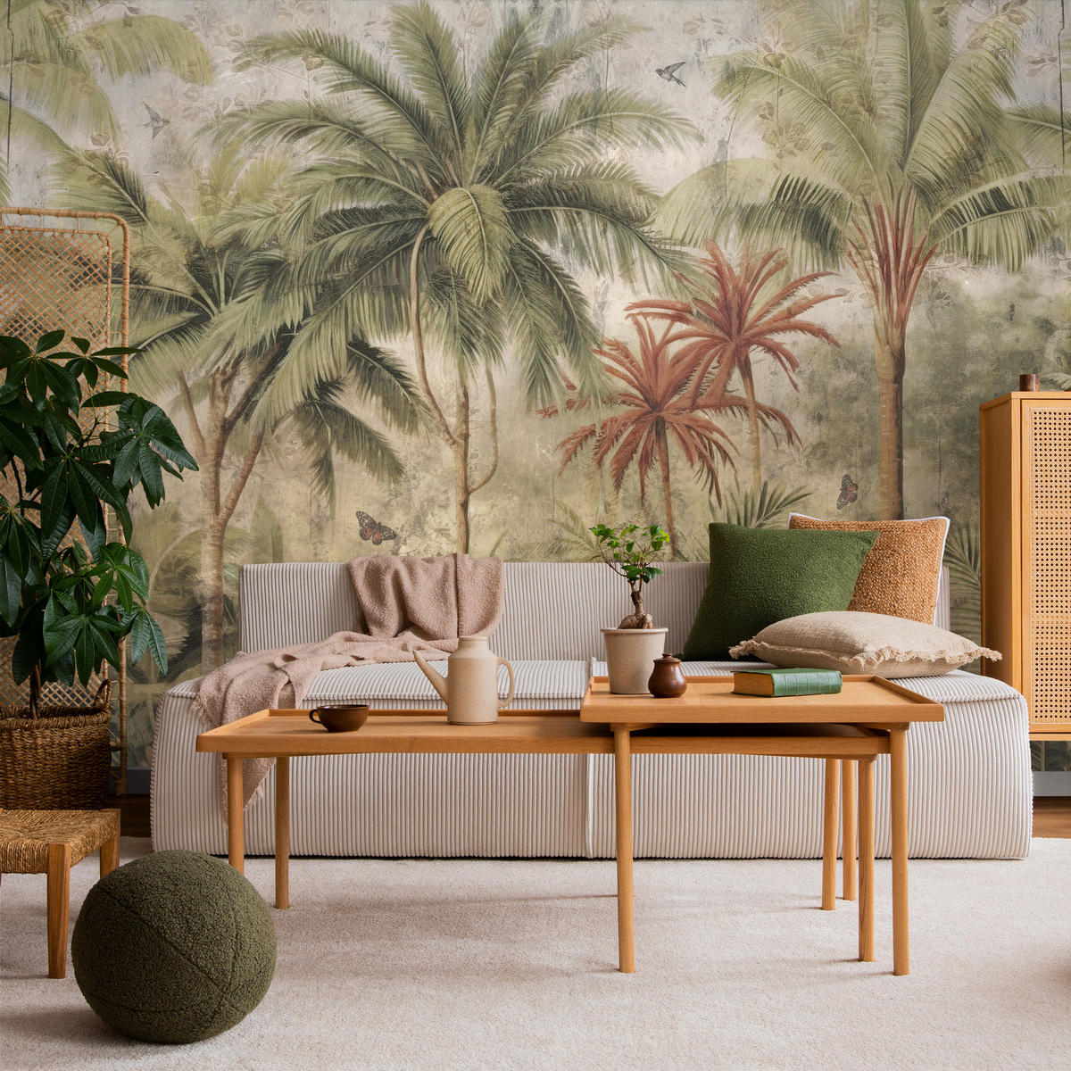 FOTOTAPETE Dschungel Tropische Pflanzen Beton Vintage 300x210 - Beige/Orange, Papier (300/210cm) - Muralo