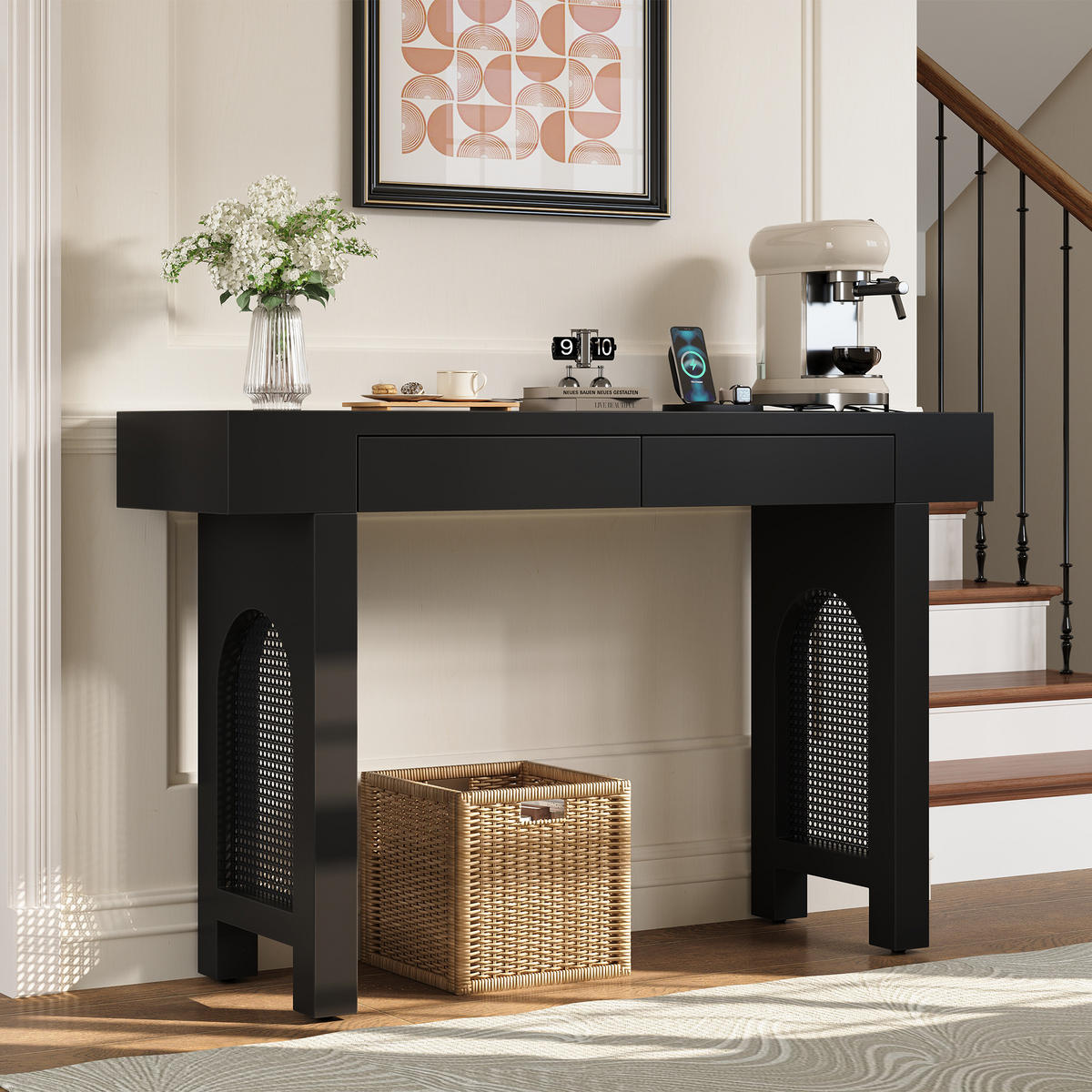 KONSOLENTISCH 120/35,5/76,5 cm schwarz aus MDF mit 2 Schubladen und Steckdosenleiste - Schwarz, Holzwerkstoff (120/35.5/76.5cm) - OKWISH