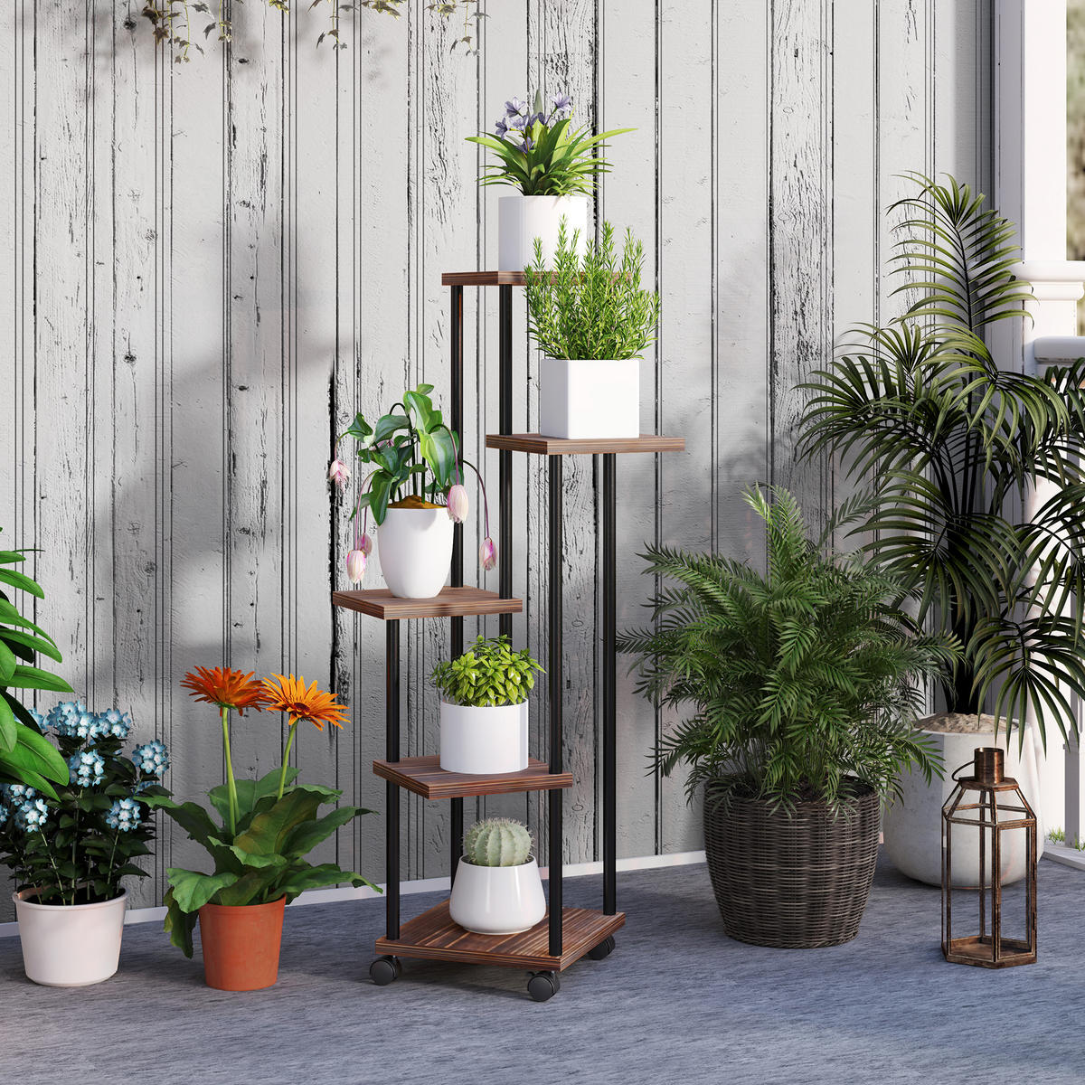 PFLANZENSTÄNDER Stahl Tannenholz Verkohlt - Dunkelbraun, Metall (59/110/59cm) - Outsunny