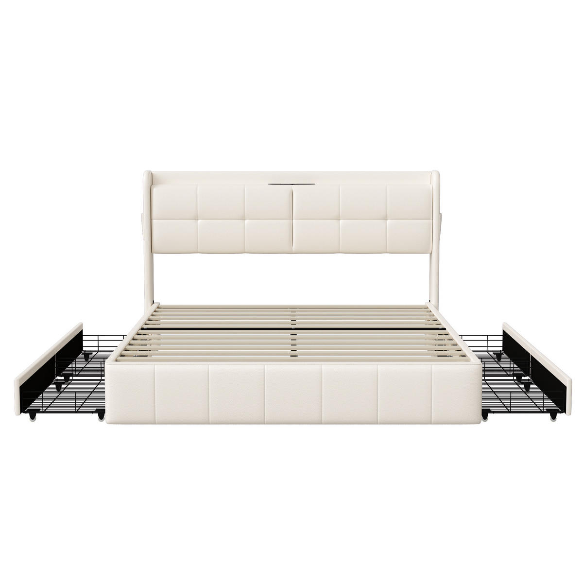 POLSTERBETT 140x200 cm, Weiß, mit USB, 4 Schubladen, LED - Weiß, Textil/Metall (140/200cm)