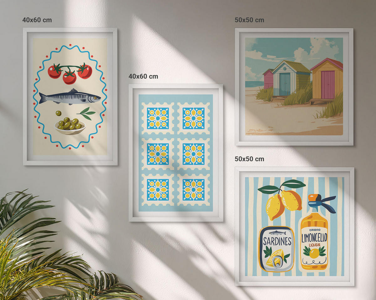 BILDER SET 4er Set - 50x50 cm & 40x60 cm Weißer Rahmen - Illustrationen der mediterranen Küche - Weiß, Kunststoff (50/50cm) - TULUP