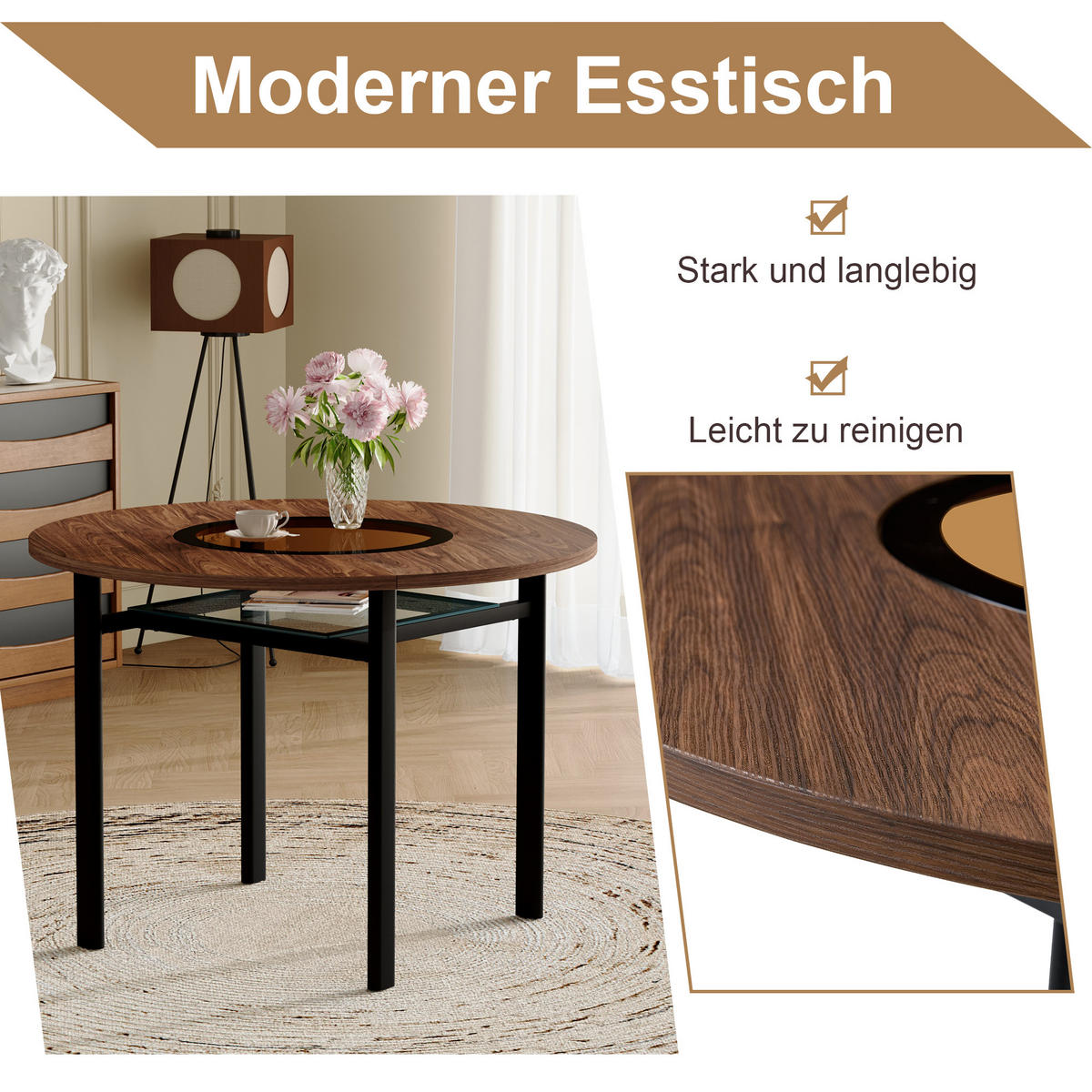 ESSTISCH 100/100/76 cm Braun Schwarz mit Glasintarsie und Ablage aus MDF Metall - Braun, Holzwerkstoff (100/100/76cm) - OKWISH