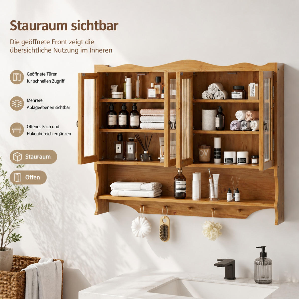 KÜCHENOBERSCHRANK 100/20/80 cm aus Massivholz und Glas mit 4 Türen und Hakenleiste Natur - Naturfarben, Holz (100/80/20cm) - Modenvie