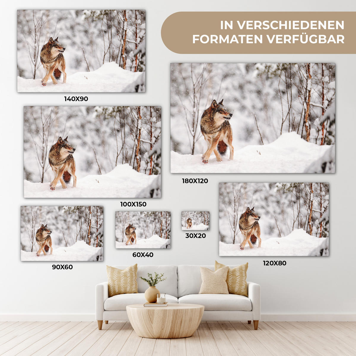 LEINWANDBILD Wolf - Winter - Schnee - Natur - Tiere Gemälde 60x40 cm - Haselnussfarben, Textil (60/40cm) - MuchoWow