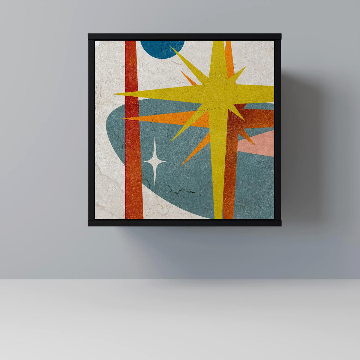 SIDEBOARD INTERSTELLAR VIBES, Schwarz, 57,5x42x70,5 cm, Schwarze Metall-Sternfüße - Multicolor/Schwarz, Holzwerkstoff/Metall (57.5/70.5/42cm) - SpaceRebels