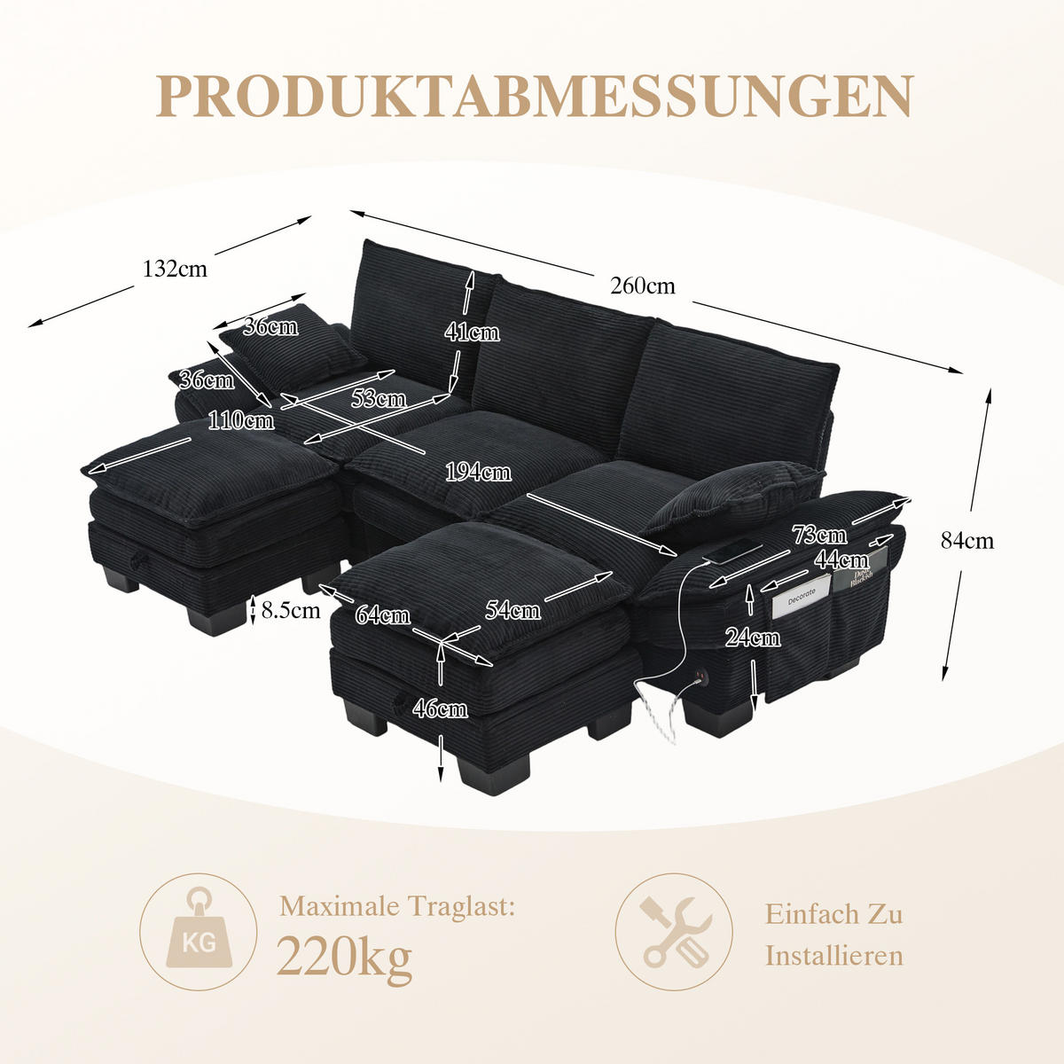 WOHNLANDSCHAFT Cord Schwarz mit USB-C, Seitentaschen und mit 2 Hocker - Schwarz, Holzwerkstoff/Kunststoff (260/84/132cm) - WISHDOR