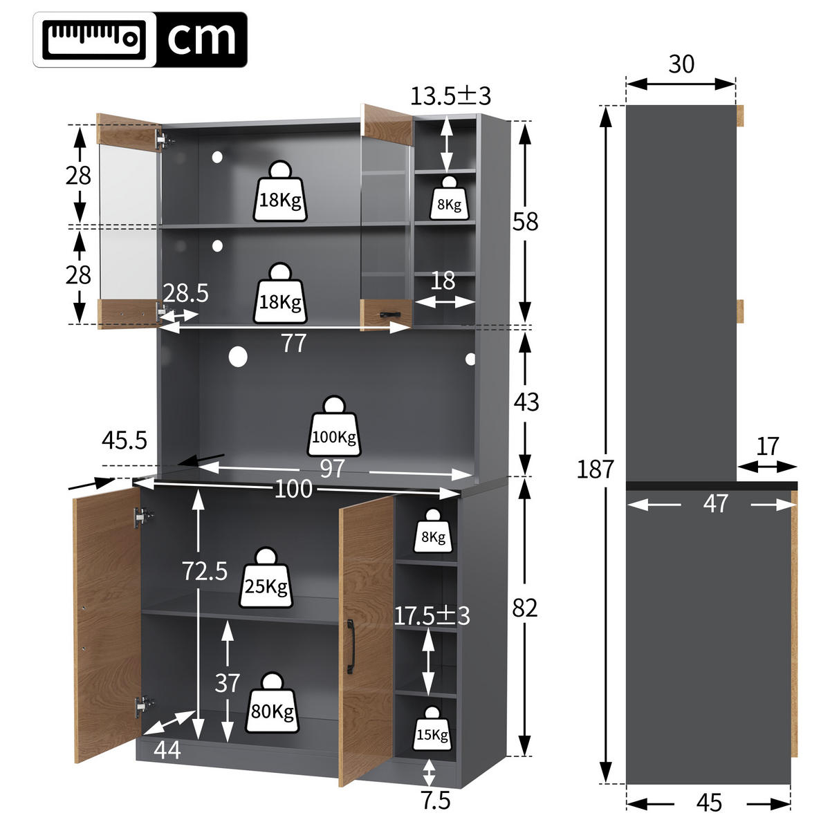 KÜCHENSCHRANK mit LED 100 x 47 x 187 cm Grau/Natur - Grau, Holzwerkstoff (47/187/100cm) - Meubliv