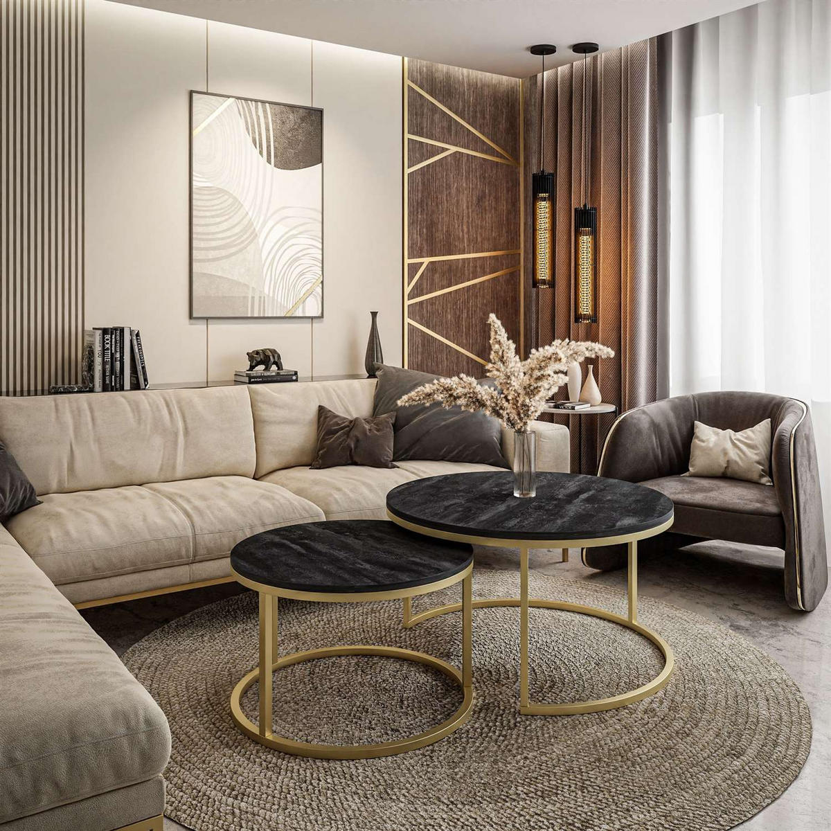 COUCHTISCH 2-in-1 CIRI dunkler Beton matt gold - Goldfarben, Holzwerkstoff (80/80/48cm) - Lookway