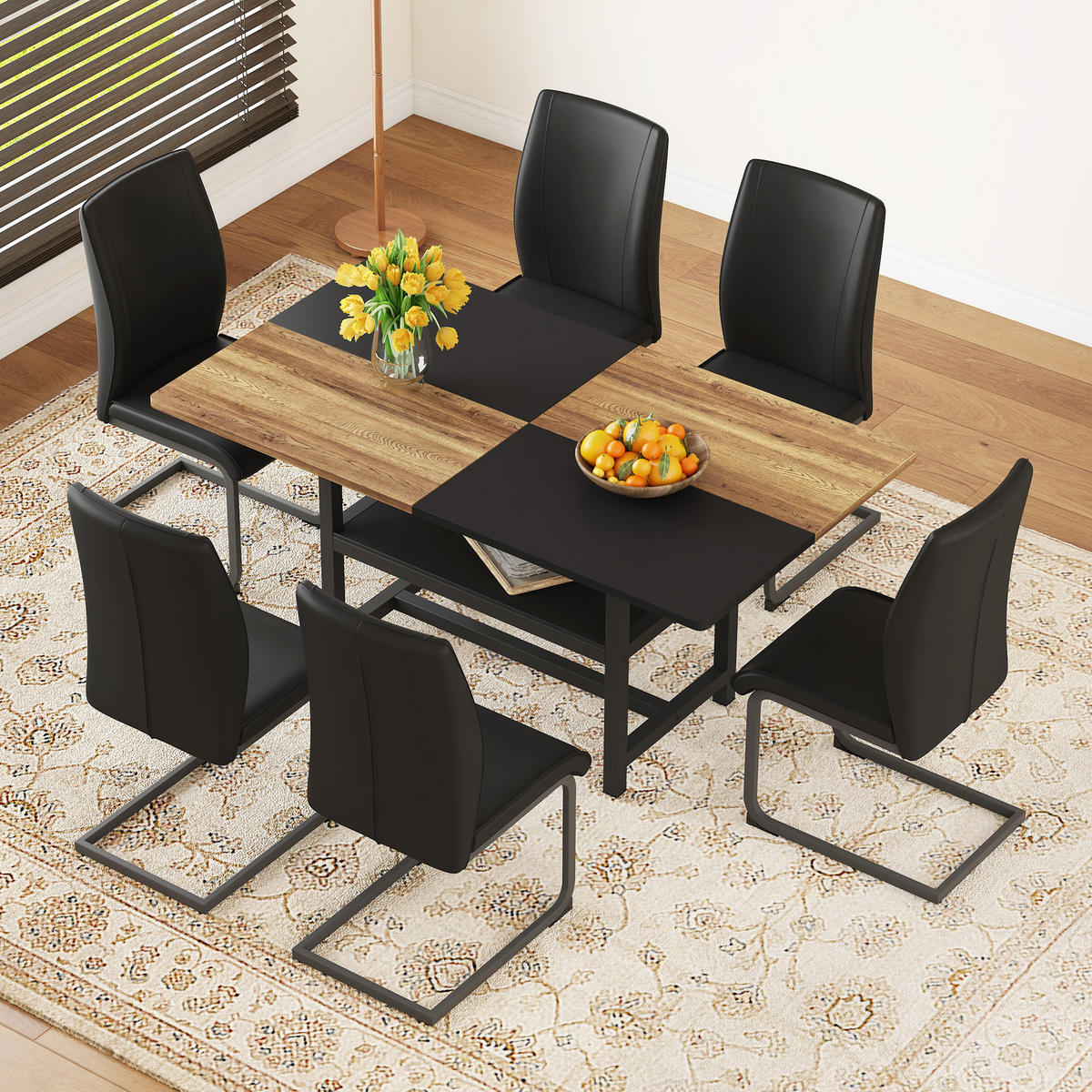 ESSGRUPPE DE-39342 7-teilig, mit Abstellregal und 6 PU-Sesseln Schwarz - Schwarz, Holzwerkstoff (160/76/90cm) - ComfortXL