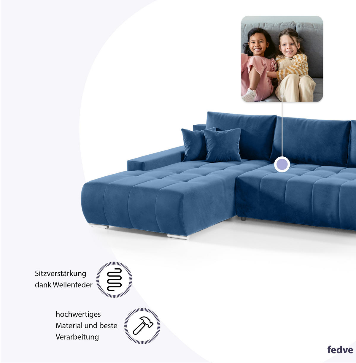 ECKSOFA mit Schlaffunktion Dhaka L, Dunkelblau - Blau, Textil (185/265cm) - Fedve