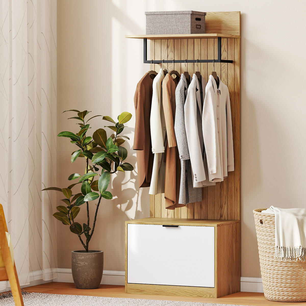 GARDEROBE DE-17895 5-in-1 mit klappbarer Schuhbank Eiche - Eichefarben, Holzwerkstoff (30/170/60cm) - ComfortXL