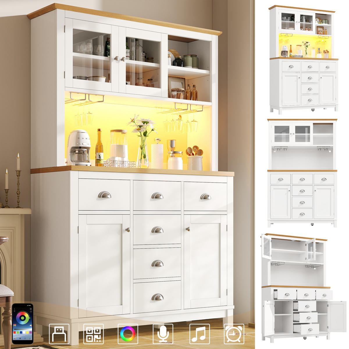 BUFFETSCHRANK 104/40/180 cm Weiß aus MDF mit LED-Lichtleiste - Weiß, Holzwerkstoff (104/180/40cm) - OKWISH