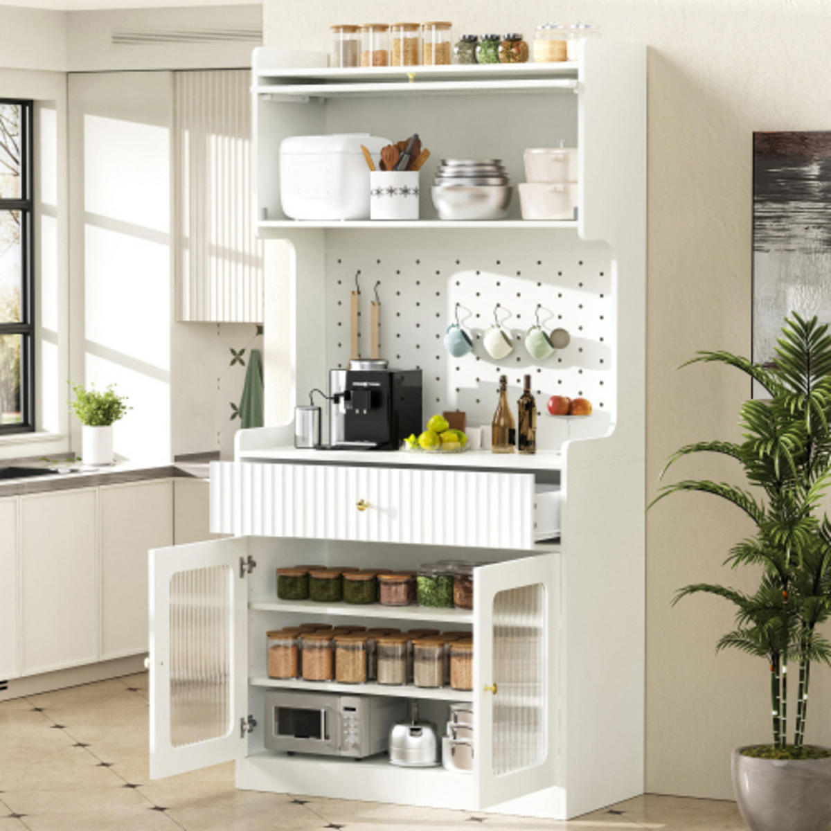HIGHBOARD mit Riffelglas & LED weiß 80×40×180 cm aus MDF und Spanplatte - Weiß, Holzwerkstoff (80/180/40cm) - Luhomfu