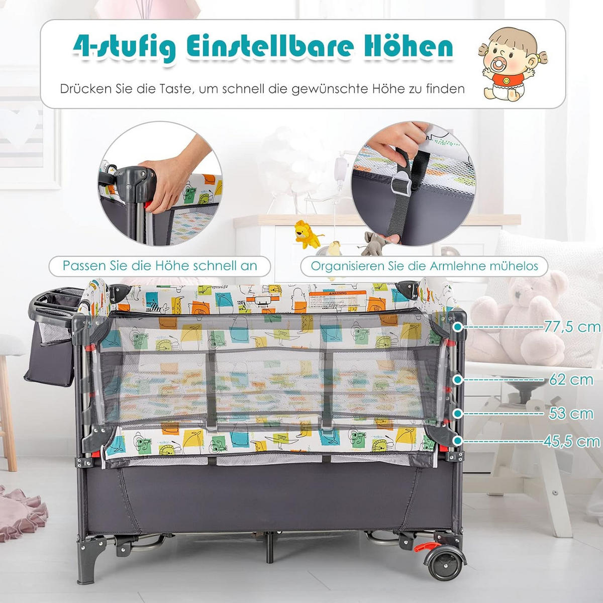 BABYBETT 5 in 1 Babyreisebett Grau - Grau, Textil - COSTWAY