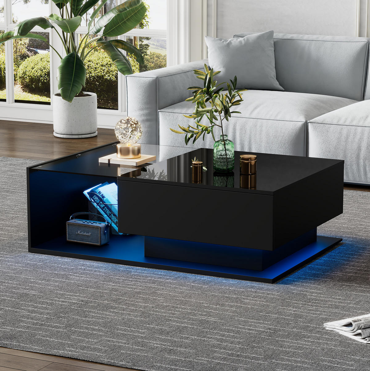 COUCHTISCH aus Spanplatte 100x50x32 cm Schwarz mit Glasplatte, Schublade und LED-Beleuchtung - Schwarz, Holzwerkstoff (100/50/32cm) - IVMEU