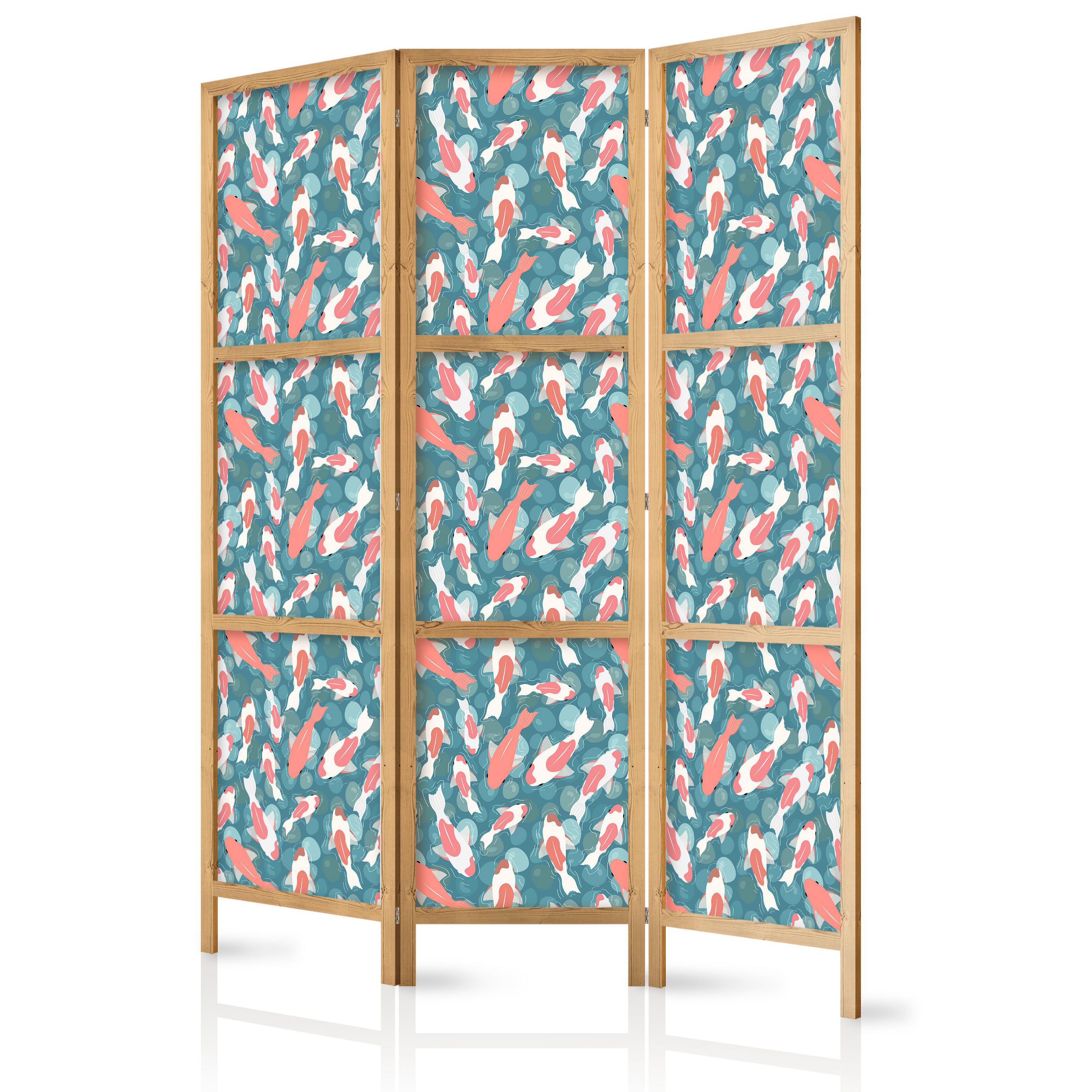 PARAVENT Japanischer 3-tlg 135x172 cm Bunte Fische - Blau, Holz/Textil (135/172/3cm) - Muralo
