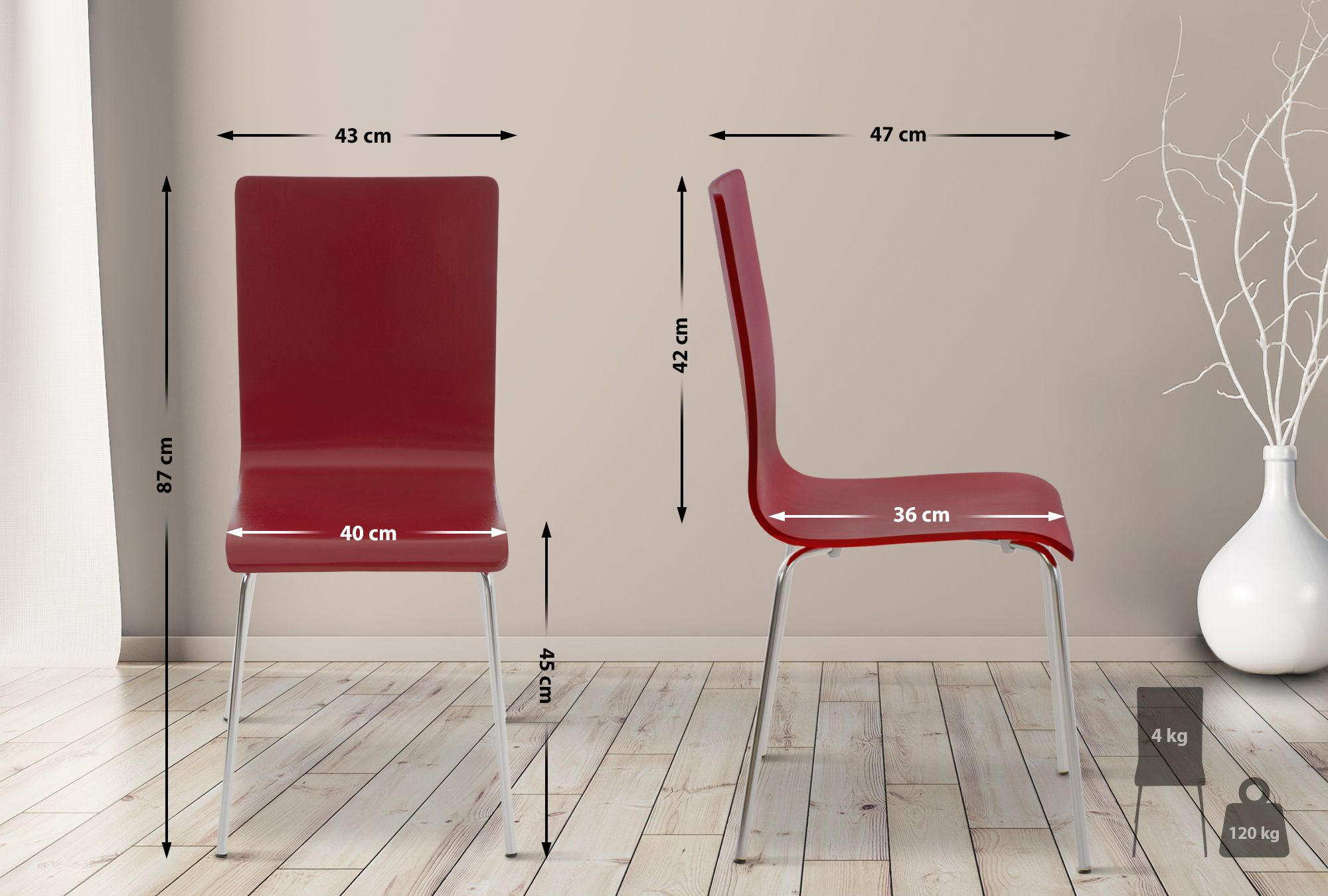 BESUCHERSTUHL PEPE 87x43x47 cm Rot Holz Metall - Rot, Metall (43/87/47cm) - DELUKE