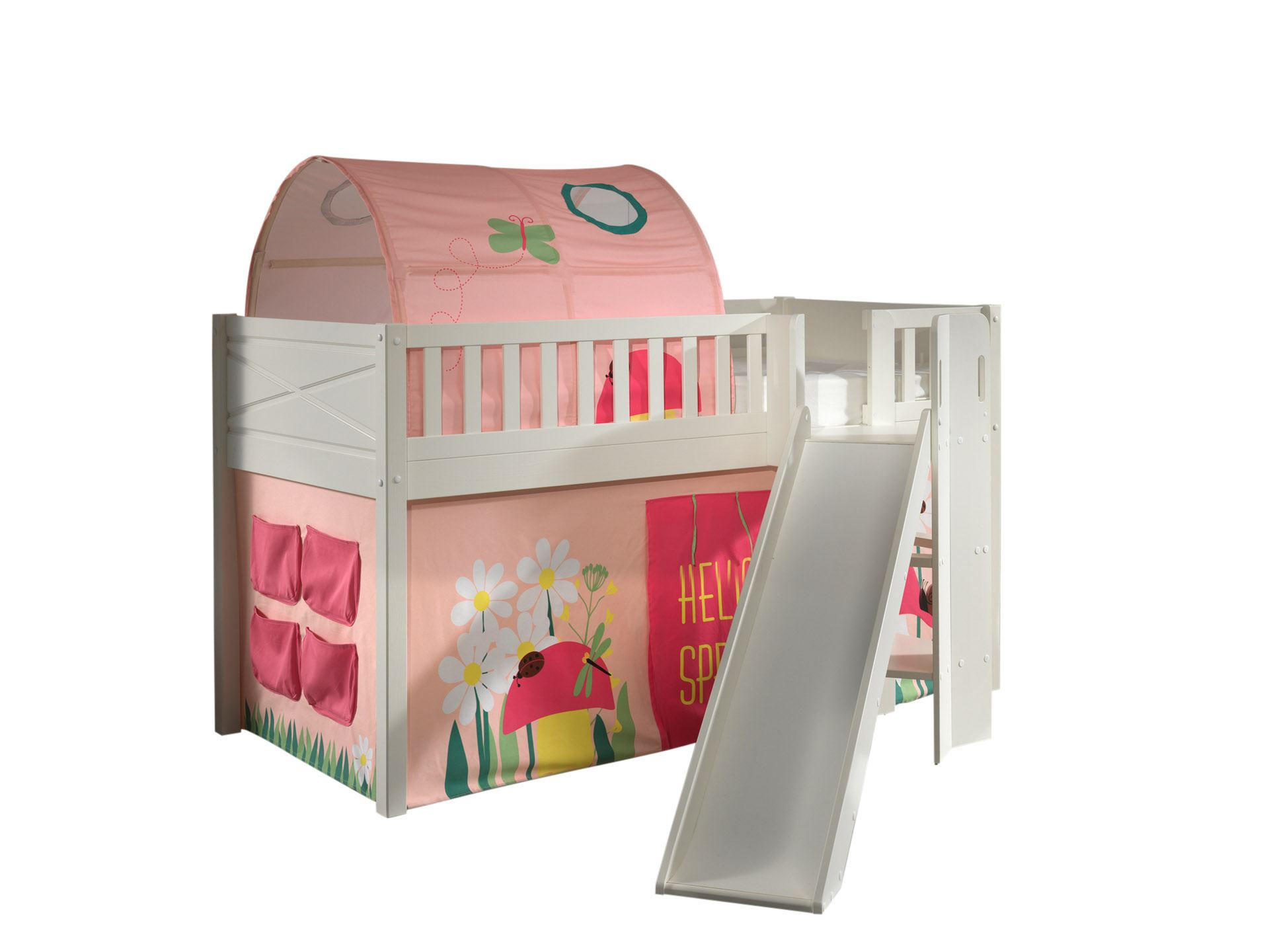 HOCHBETT mit Rutsche Karyl Massivholz Weiß Textilset Spring 2 - Hellrosa/Weiß, Holz (90/200cm) - 58aufmkessel