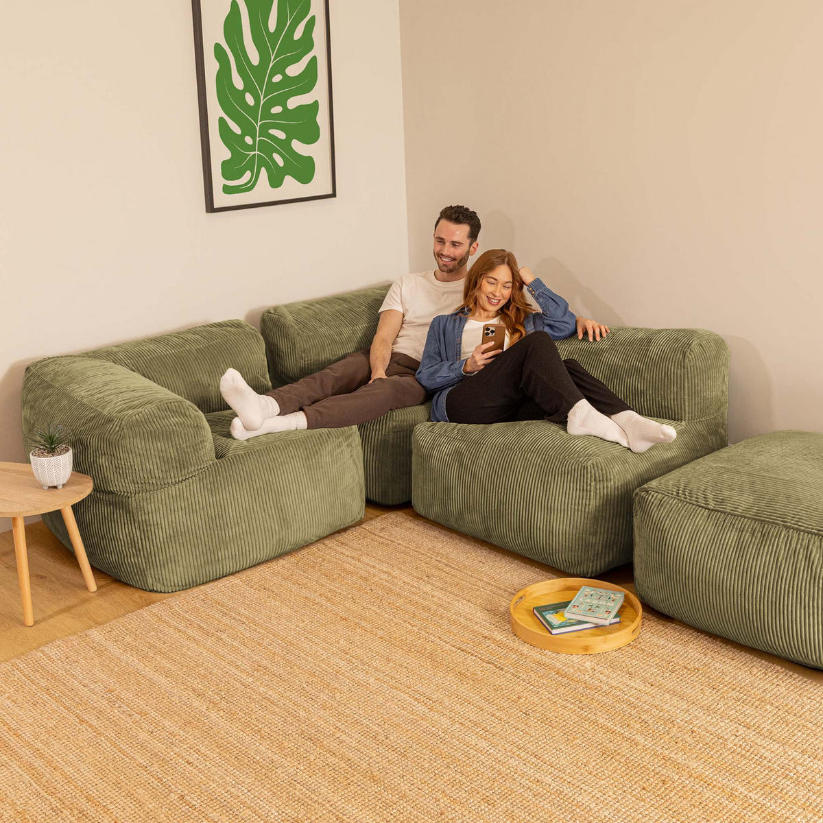 SITZSACK-SOFA 4-tlg. ZEN: 2 Ecksessel, Sessel, Fußstütze - Grün, Textil (390/68/100cm) - icon