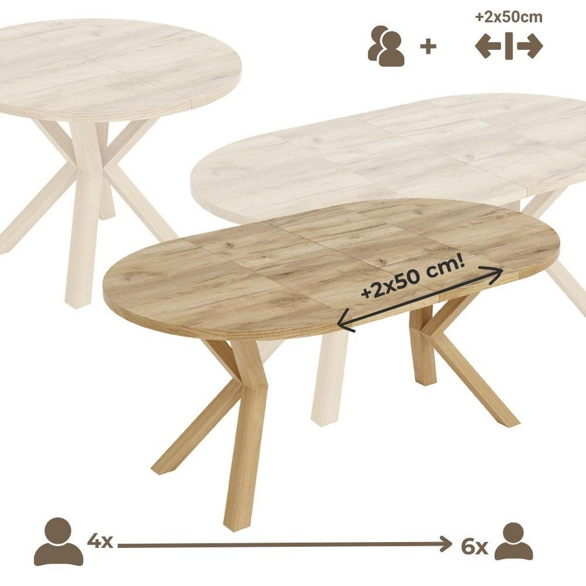 ESSTISCH RAL mit Holzbeinen, Durchmesser: 100 / 200 cm Eiche Craft Golden - Eichefarben, Holz (100/200/77cm) - Dekori_Interiors