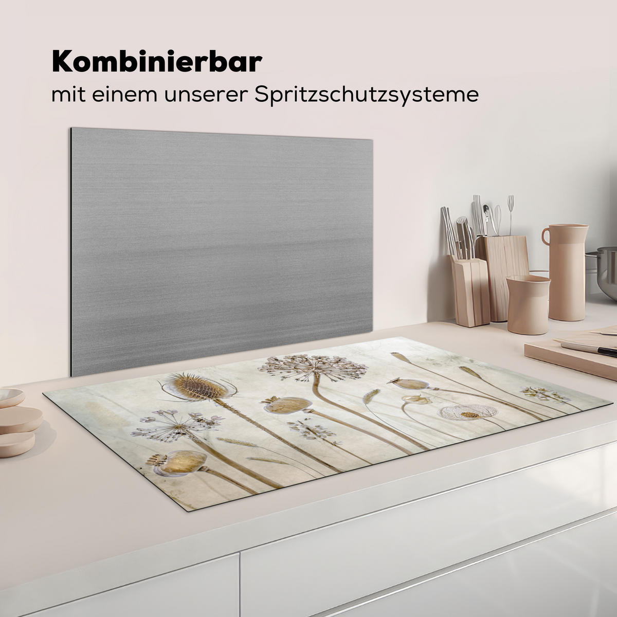 KRYT NA INDUKČNÍ DESKU Květiny - Akvarel - Zátiší - Hnědá - Vintage 91.2x52 cm - písková barva, plast (91.2/52/0.2cm) - MuchoWow