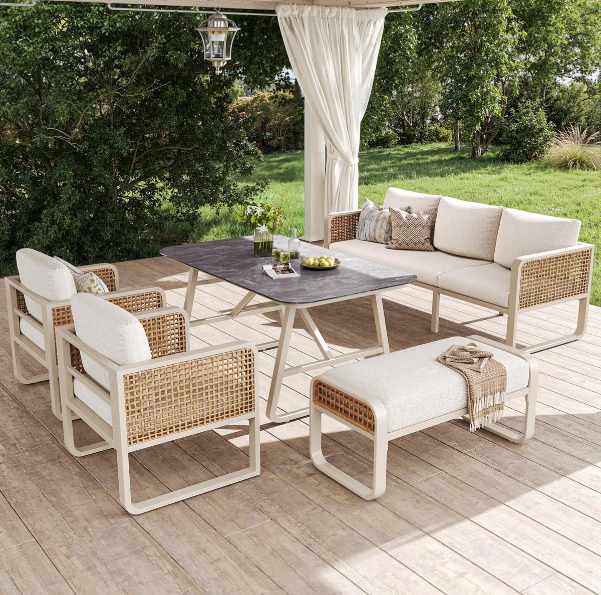 GARTENMÖBEL 178x61x76cm beige aus PE-Rattan - Beige, Metall - Modfu