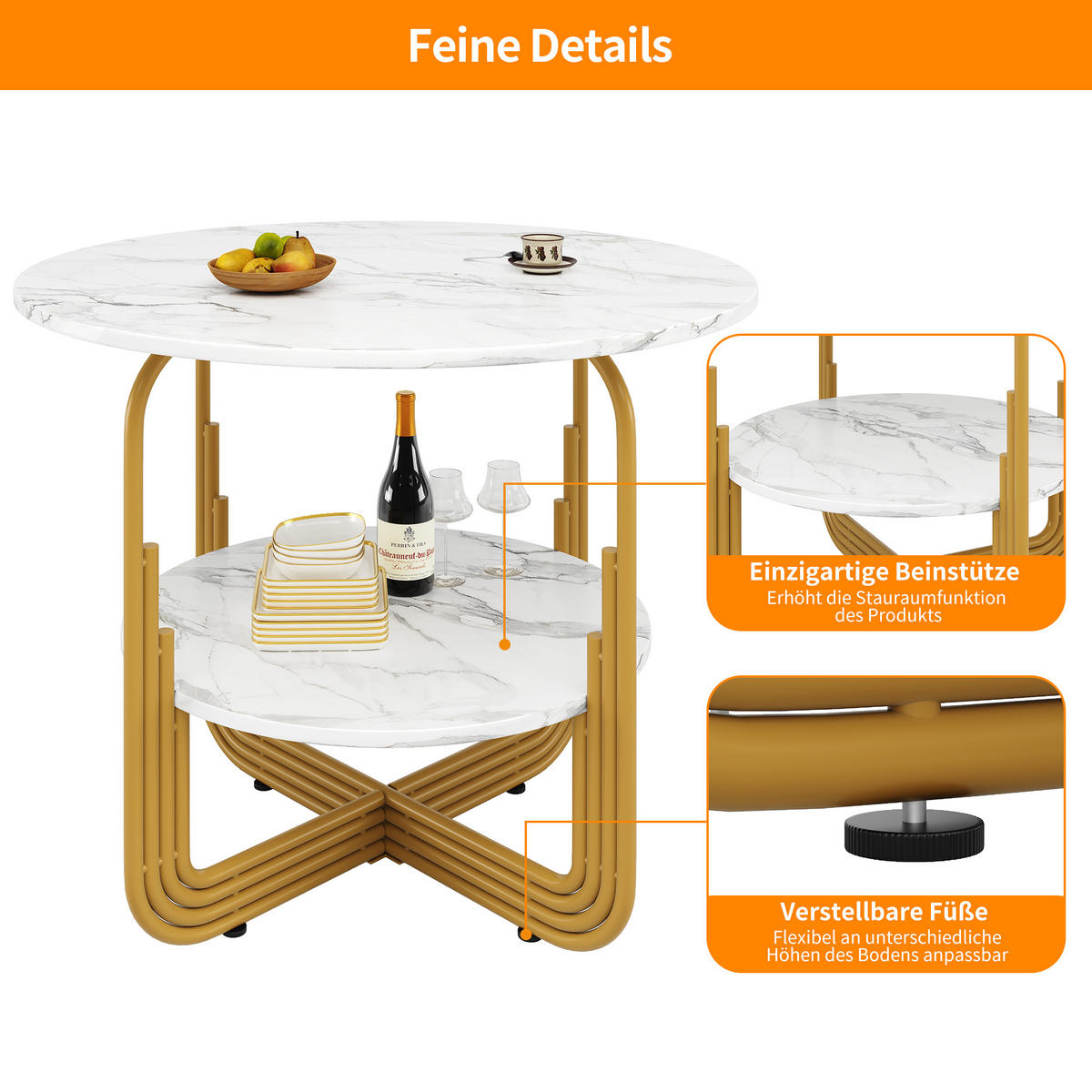 ESSTISCH rund 80/80/76 cm Gold MDF in Marmoroptik mit Ablage - Goldfarben, Holzwerkstoff (80/80/76cm) - OKWISH