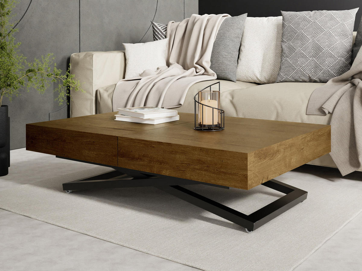 COUCHTISCH Cavetta X höhenverstellbar ausziehbar, Lefkas Eiche 120-200/80/27-76 cm - Alteiche/Schwarz, Holzwerkstoff/Metall (80/200/76cm) - WFL GROUP