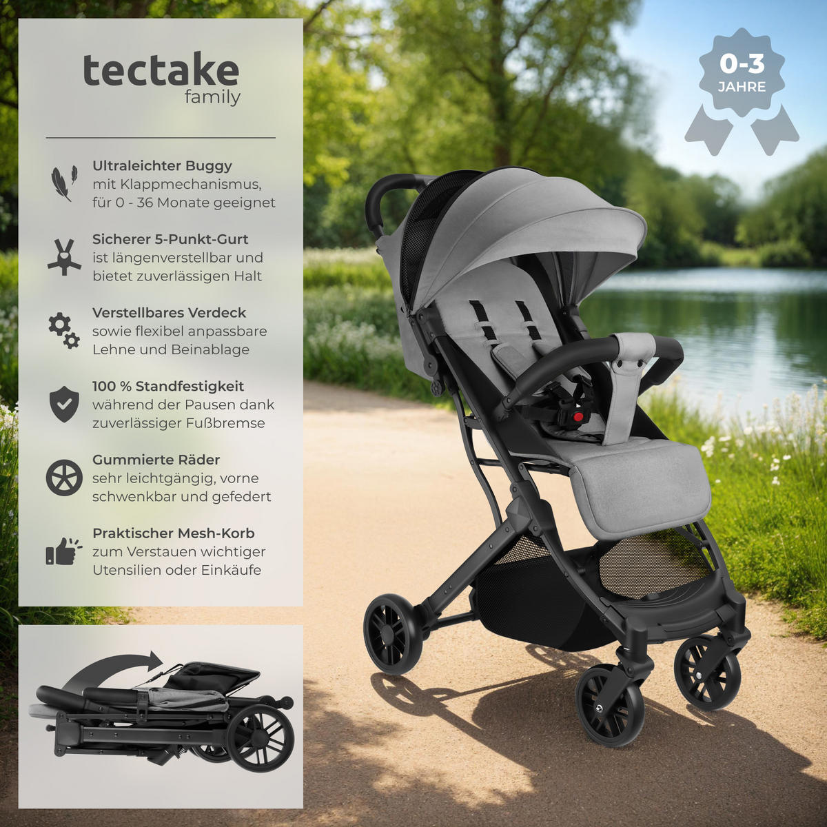 BUGGY-KINDERWAGEN Finn,für 0 bis 36 Monate geeignet, Belastbarkeit 15 kg,grau - Grau, Textil (95/51/105cm) - tectake