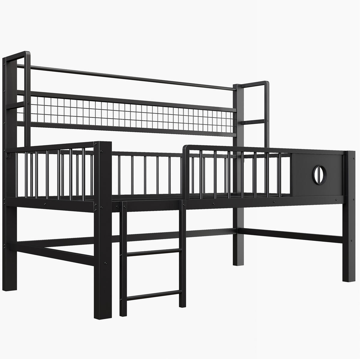 KINDERBETT 90/200 cm aus Metall mit Sicherheitsgitter und Stauraum, Schwarz - Schwarz, Metall (90/200cm) - Flora Grace