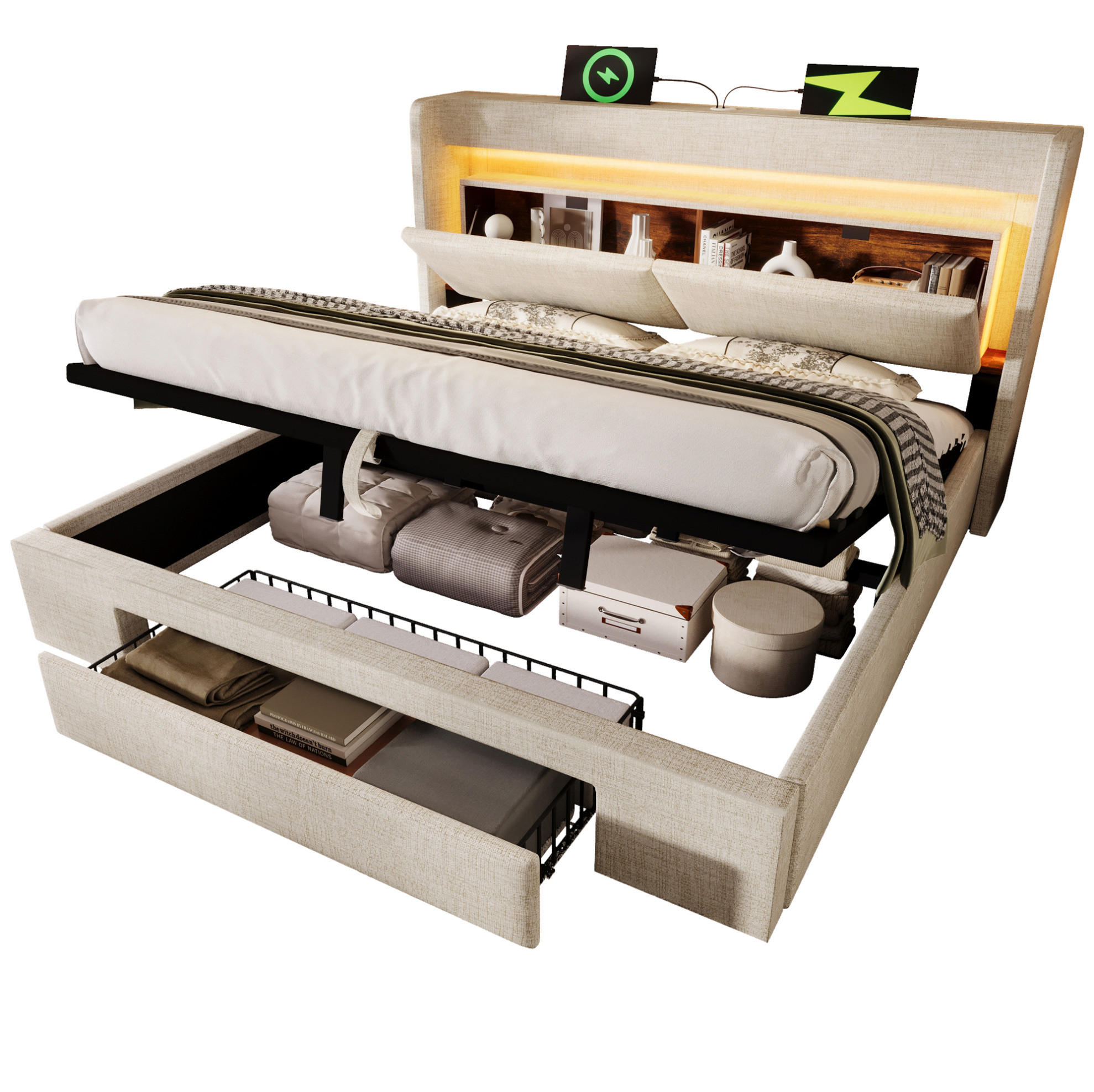 POLSTERBETT mit Stauraum 180x200 cm Beige Leinen USB und LED - Beige, Metall (180/200cm) - Meubliv