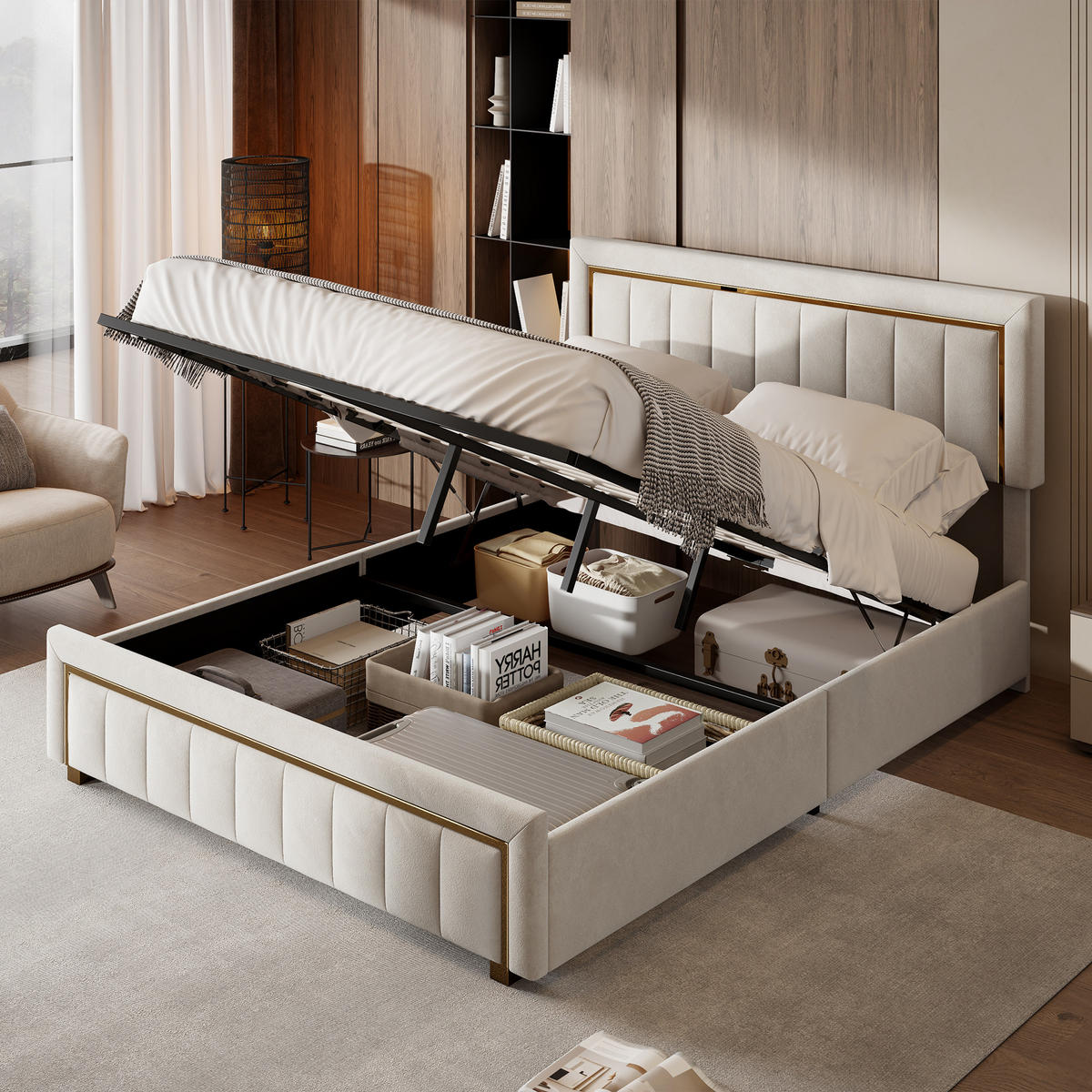 POLSTERBETT 140x200 cm, Beige, mit Stauraum & Lattenrost - Beige, Textil/Metall (140/200cm)