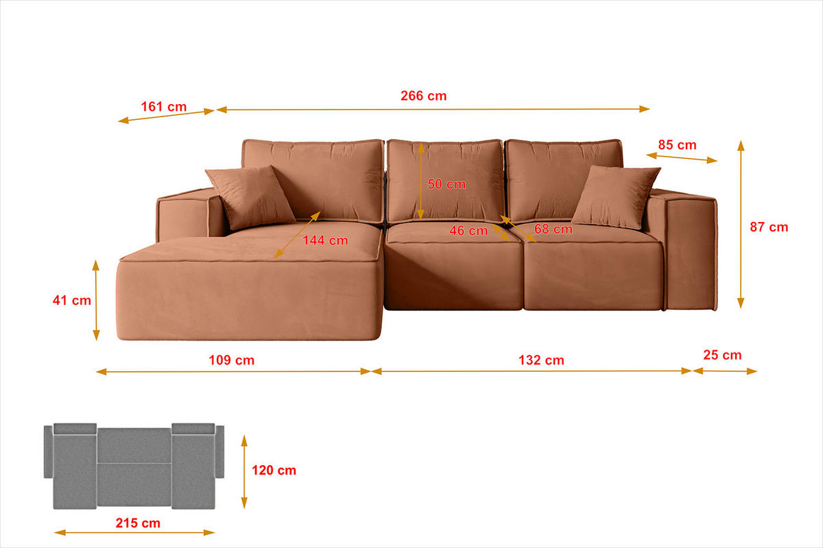 ECKSOFA mit Schlaffunktion und Bettkasten SERRA-L-S - 266x161x87 cm Apricot Velours - Koralle/Schwarz, Holzwerkstoff/Kunststoff (266/161cm) - ALTDECOR