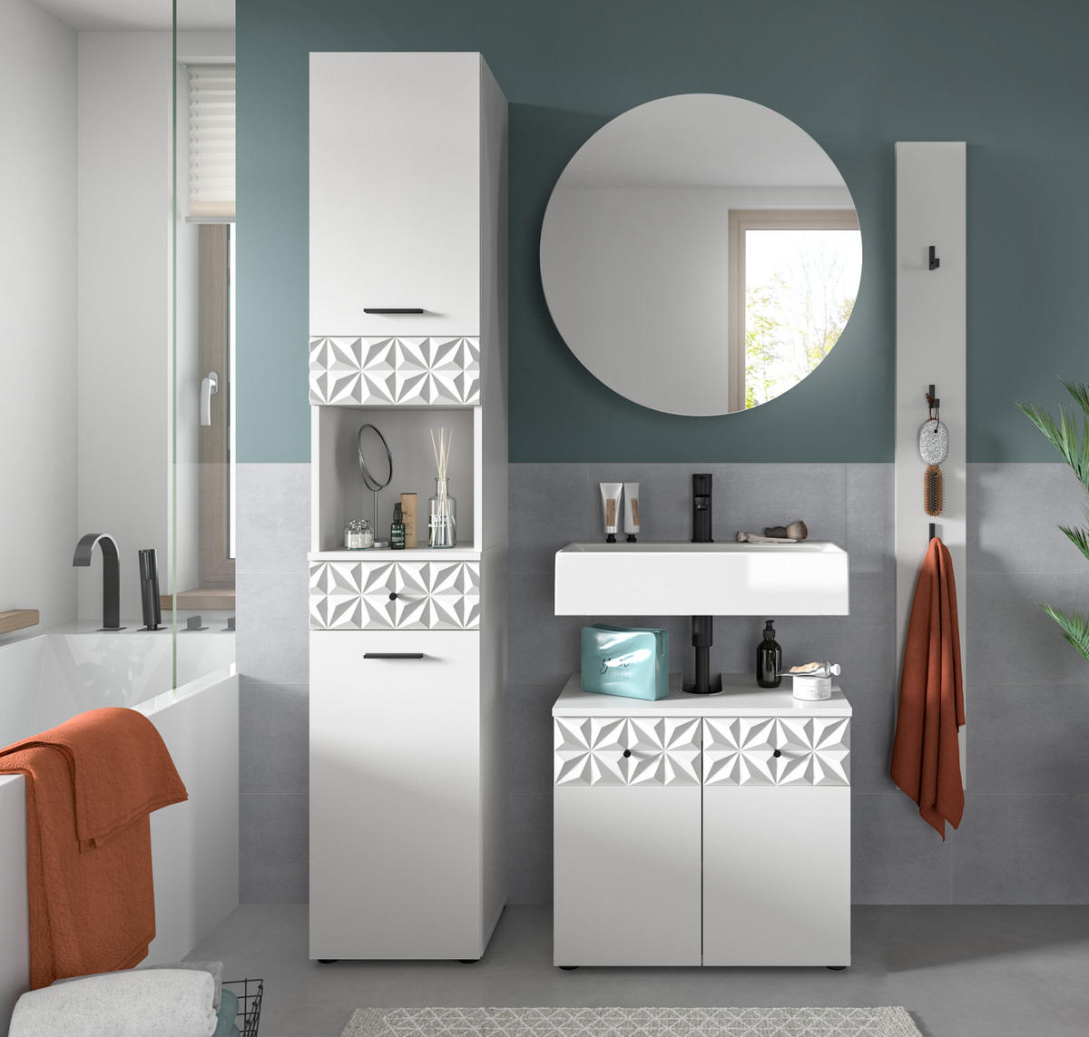 BADMÖBEL-SET weiß Hochglanz 4-teilig 150 cm, Komplettset mit 3D-Struktur - Weiß Hochglanz, Glas/Holzwerkstoff (151/187/37cm) - Inn.Furn