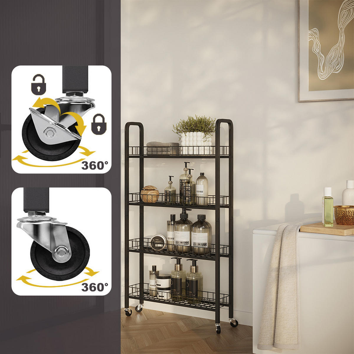 ROLLREGAL Rolivo Schwarz 58 x 15 cm mit 4 Fächern - Schwarz, Metall (58/103.5/15cm) - Vicco