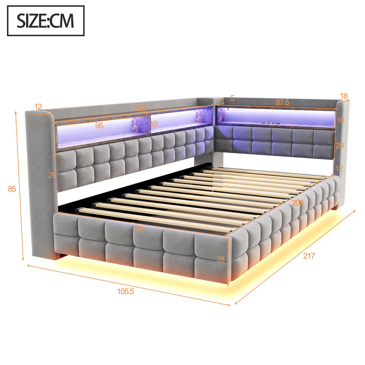SCHLAFSOFA 90x200 cm in Hellgrau mit Stauraum, LED-Beleuchtung und Ladeanschlüssen - Hellgrau, Textil (90/200cm) - IVMEU