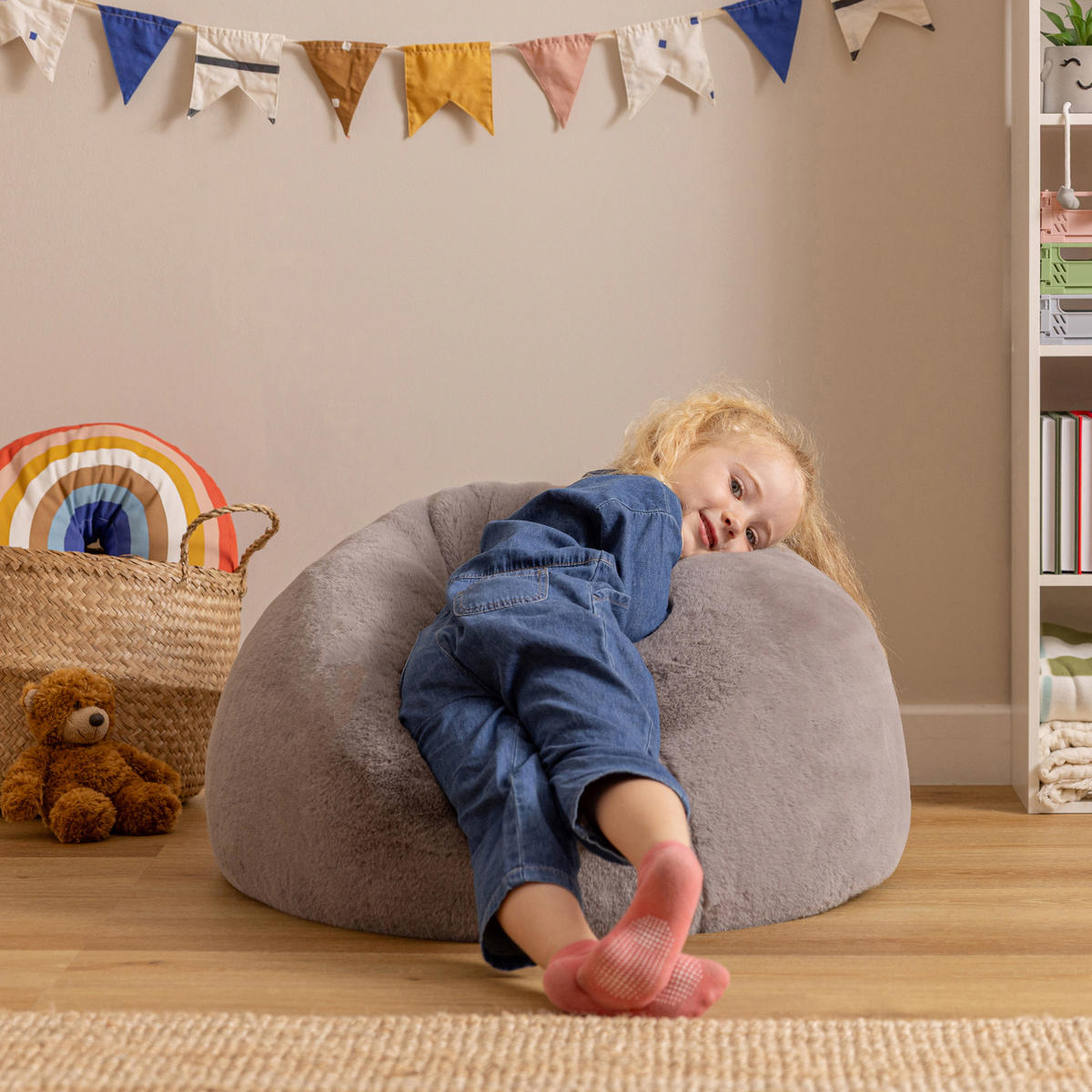 KINDERSITZSACK Kingston Kaninchenkunstfell - Grau, Textil (80/45/80cm) - icon