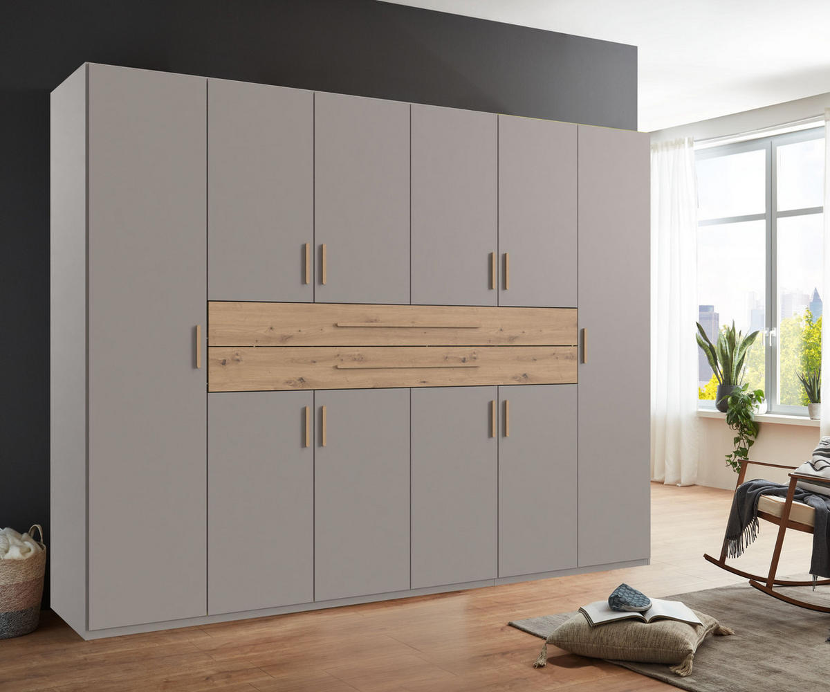 SKŘÍŇ S OTOČNÝMI DVEŘMI B270/H208/T58 cm, pískově šedá, šatní skříň se 2 velkými zásuvkami a úchytkami v dekoru dub Artisan / 22641 - písková barva/dub artisan, kompozitní dřevo/plast (270/208/58cm) - luma-home