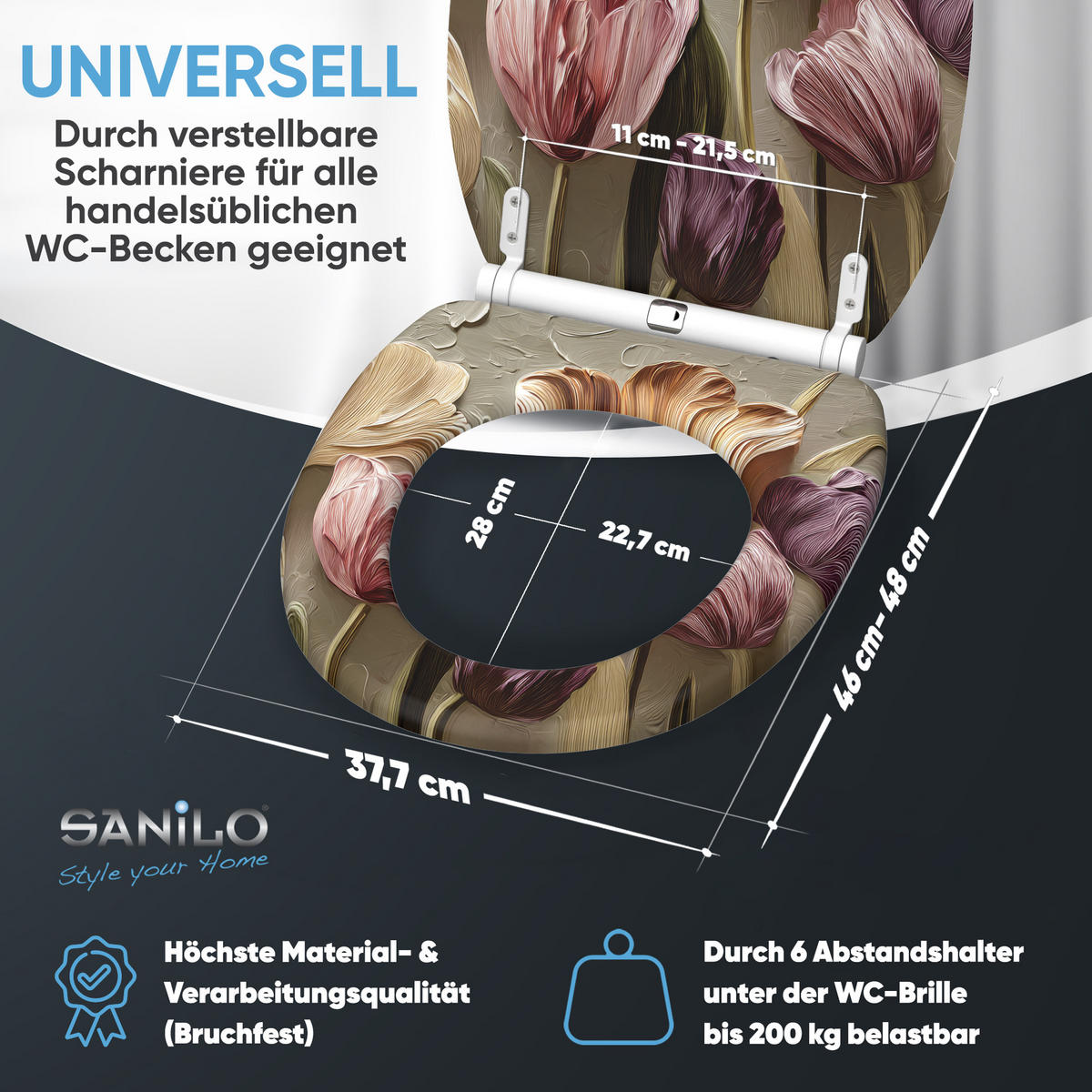 WC-SITZ mit Absenkautomatik & Top Fix Tulpen - Beige, Holzwerkstoff (37.7/5/48cm) - Sanilo