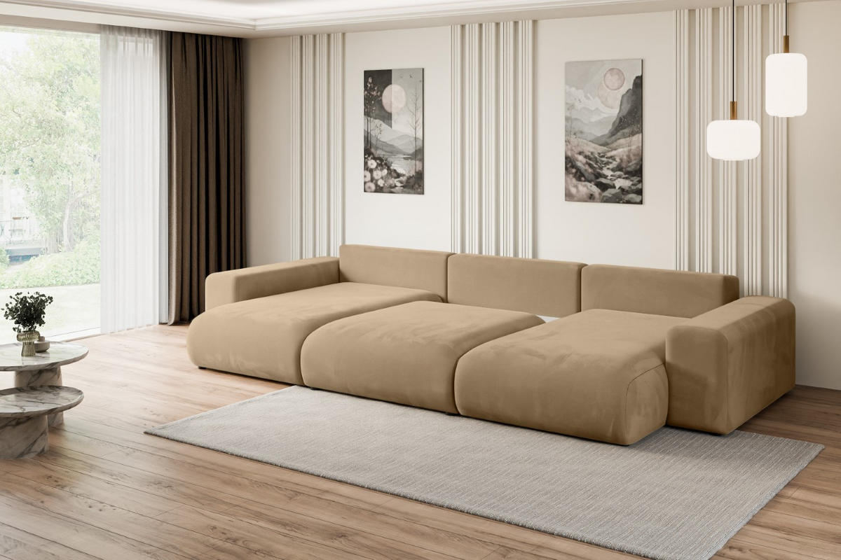 WOHNLANDSCHAFT mit Schlaffunktion und Bettkasten ESKAR-U -352x165x84cm Beige Velours - Beige/Schwarz, Holzwerkstoff/Kunststoff (352/84/165cm) - ALTDECOR