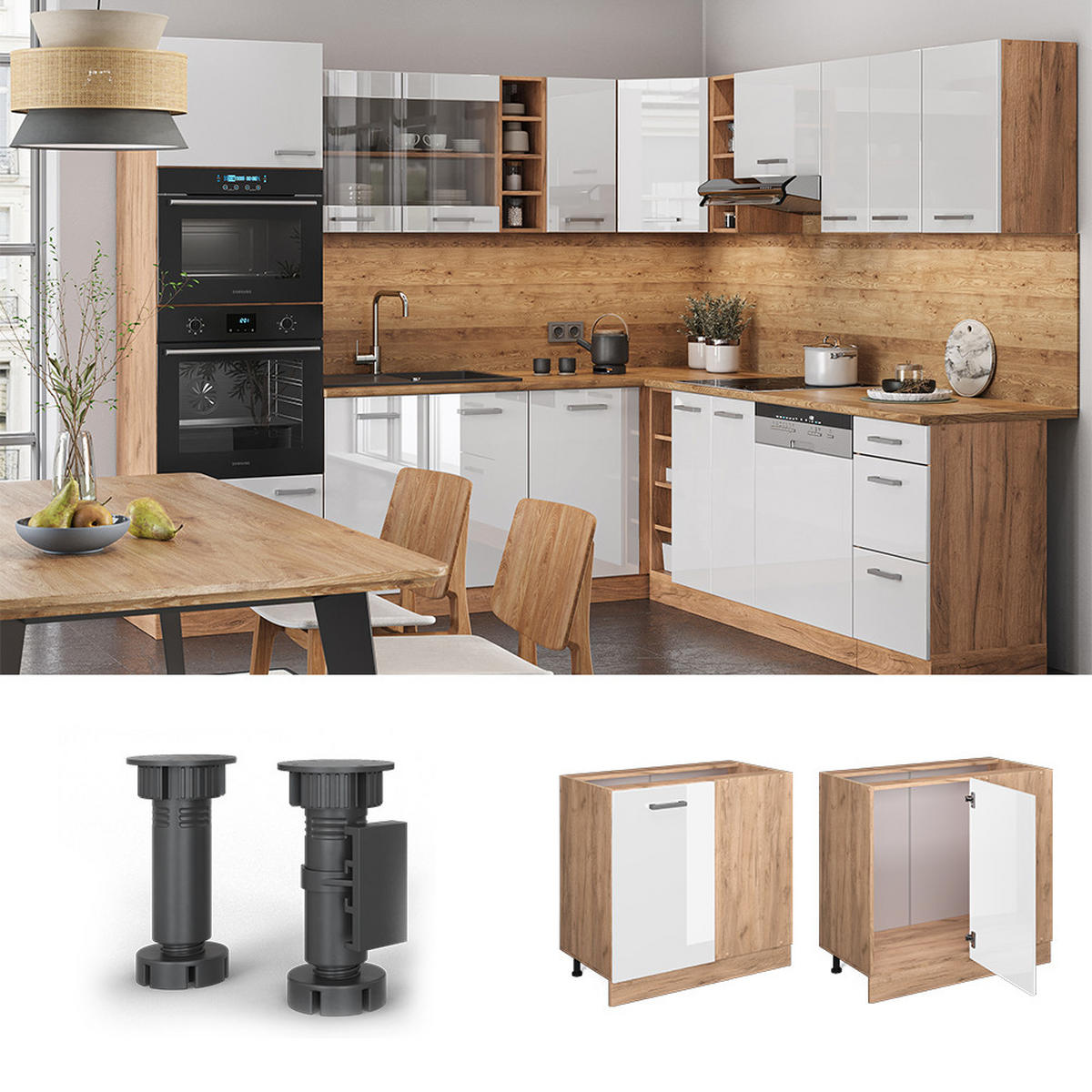 ECKUNTERSCHRANK R-Line Weiß Hochglanz 86 cm, AP Eiche - Honigeiche/Weiß Hochglanz, Holzwerkstoff (86/81.6/60cm) - Vicco