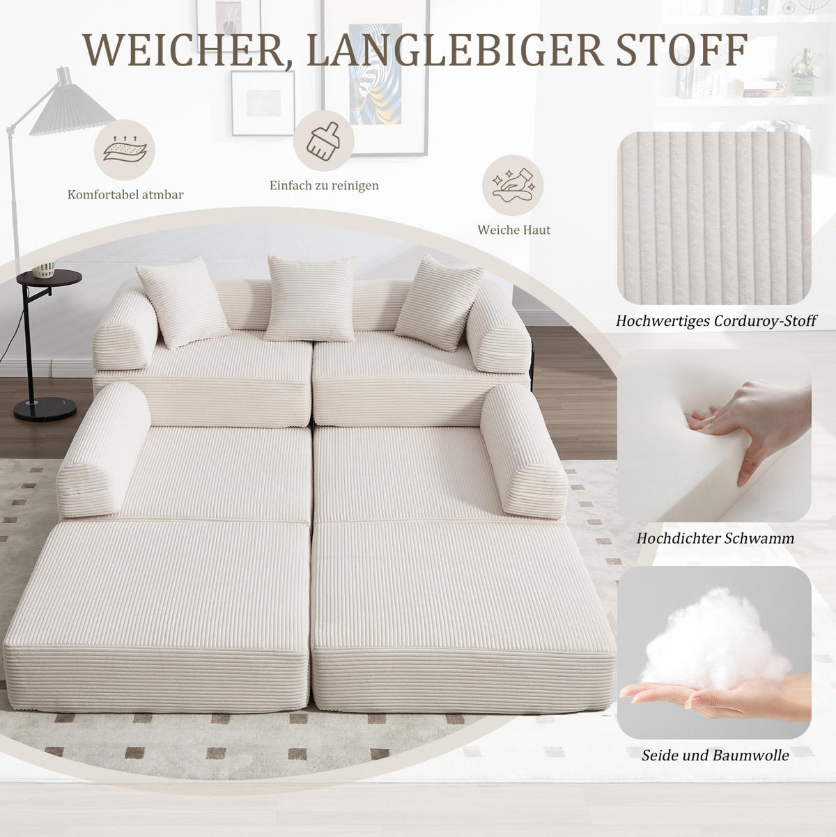 ECKSOFA 270/180/64 cm Beige aus Cord mit Schlaffunktion und Seitentasche - Beige, Textil (180/270cm) - OKWISH