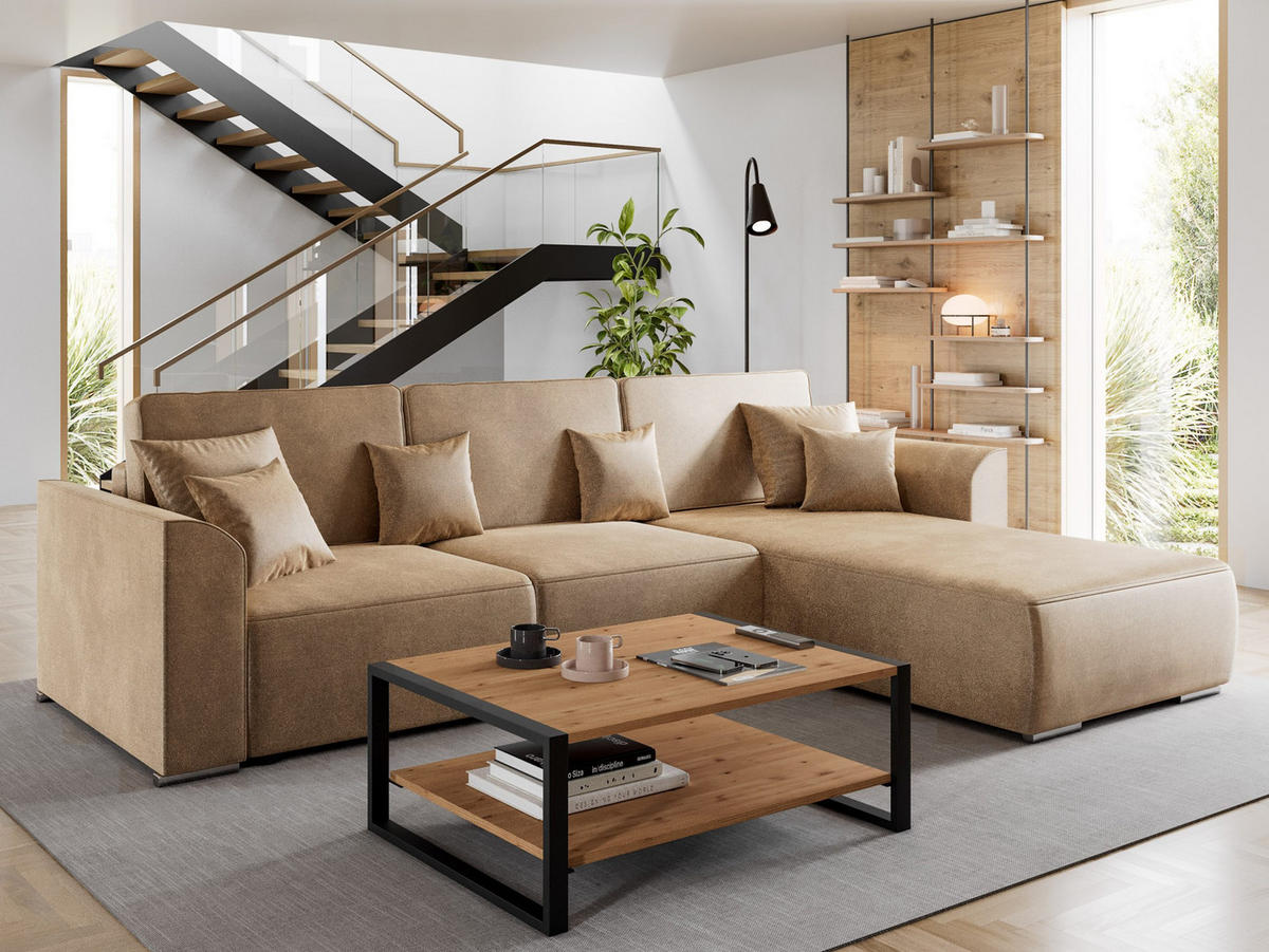 ECKSOFA LUMO L Rechts Braun Velours-Stoff mit Schlaffunktion und Bettkasten - Dunkelbraun, Textil (293/195cm) - Barchello