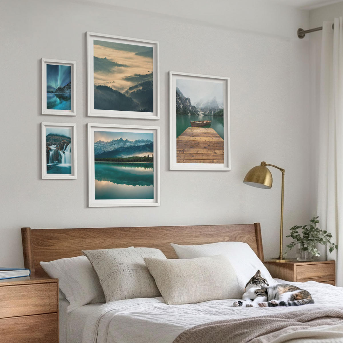 BILDER SET 5er Set - 50x50 cm & 20x30 cm & 40x60 cm Weißer Rahmen - Abstrakte Monstera-Palmenblätter - Weiß, Kunststoff (40/60cm) - TULUP